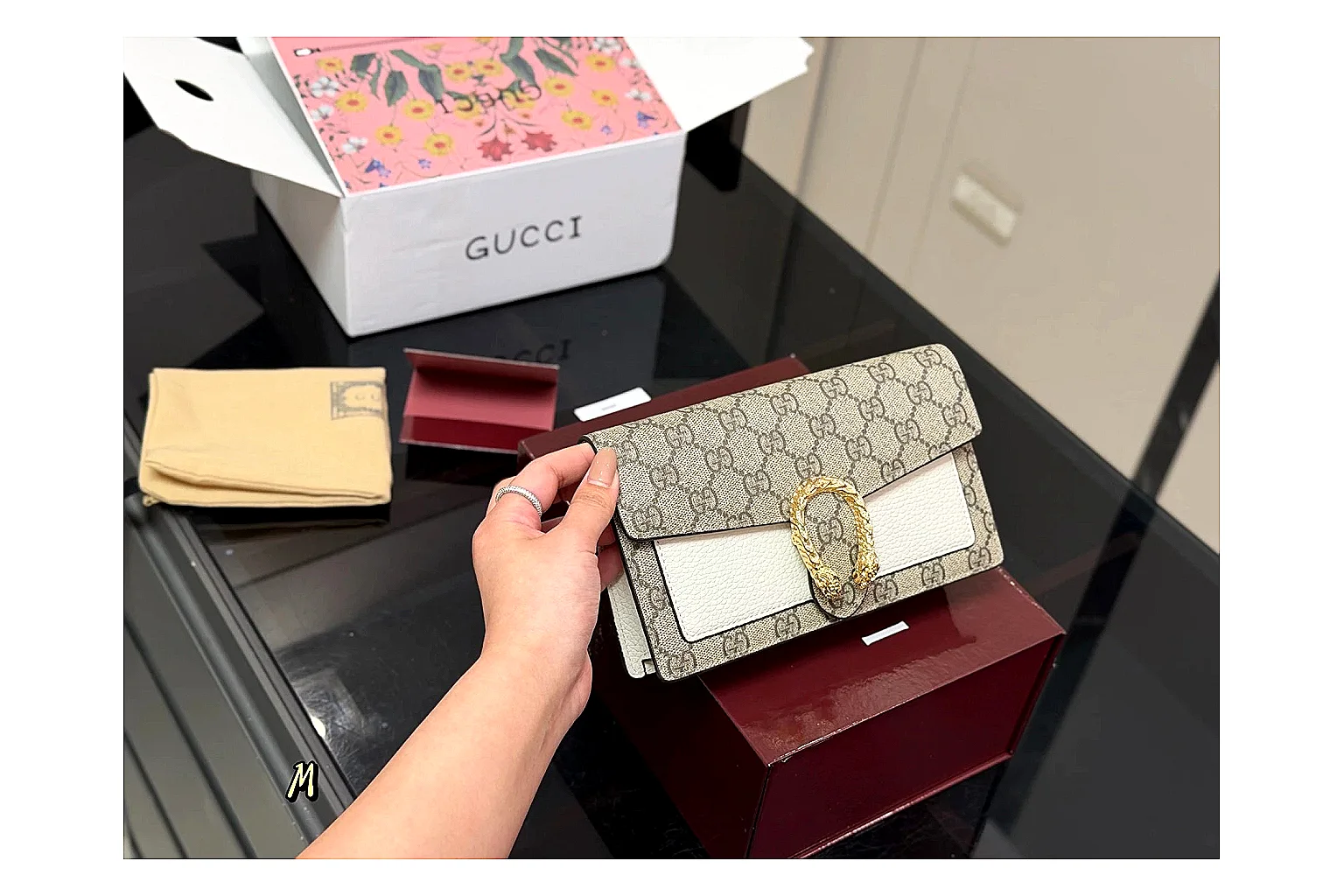 Gucci Wallet Set Beige Multi QC reference photo showing beige coated-canvas wallet pieces, multi accessory layout, compact luxury shape, and neat hardware details thumbnail 2