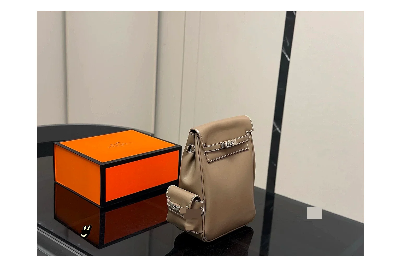 Hermes Kelly Backpack Beige QC reference photo showing beige leather backpack body, Kelly-style flap, top handle, shoulder straps, and polished hardware