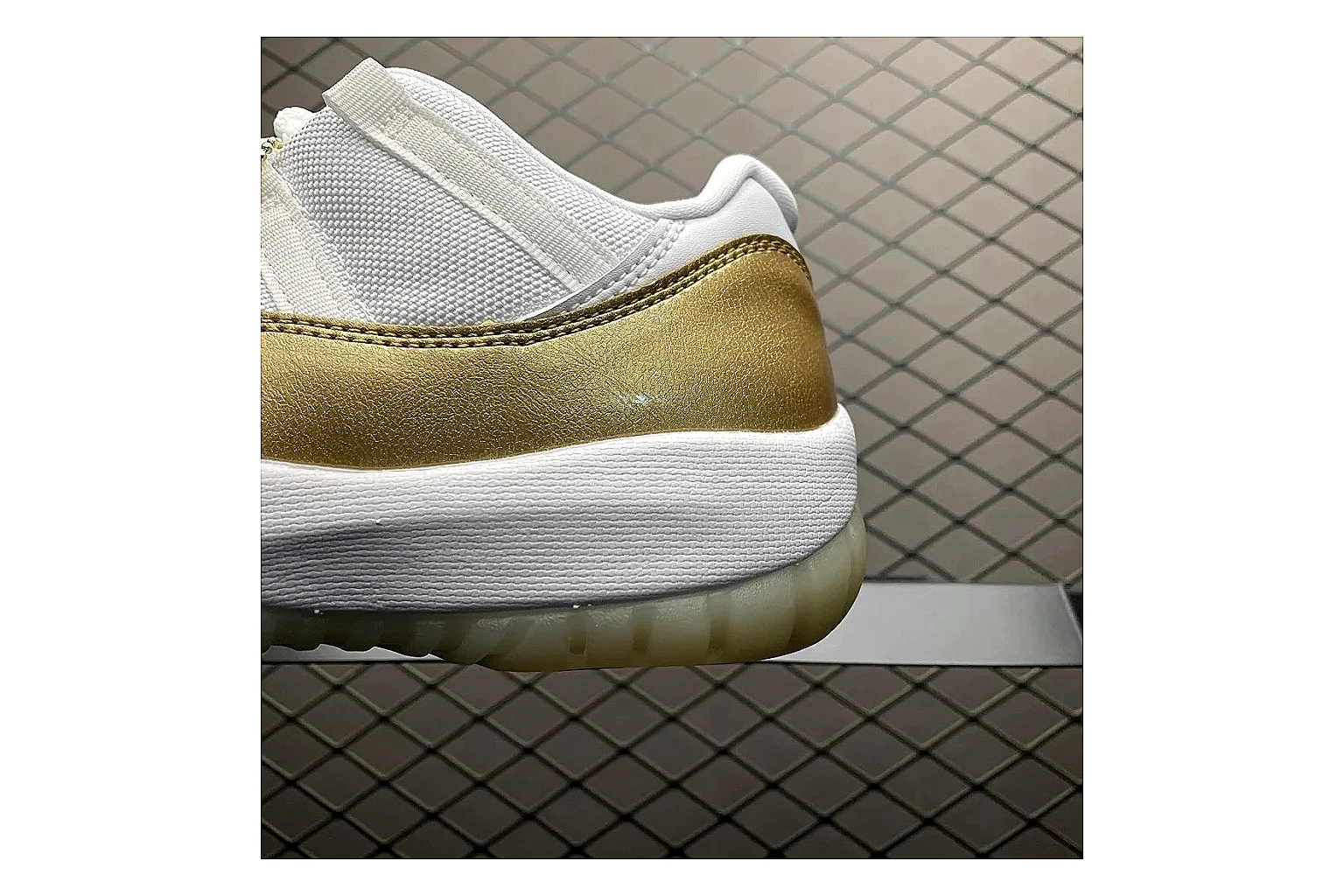 Jordan 11 Low White Gold Sneaker QC photo showing white gold aj11 low sneaker with mixed upper and low top shape