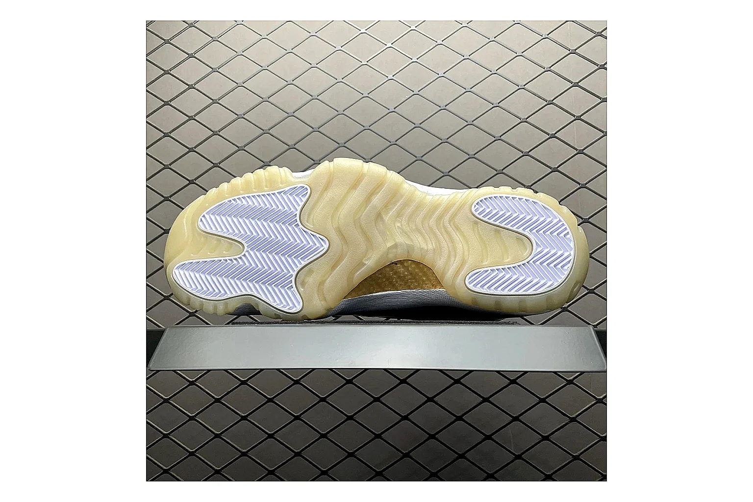 Jordan 11 Low White Gold Sneaker QC photo showing white gold aj11 low sneaker with mixed upper and low top shape thumbnail 3
