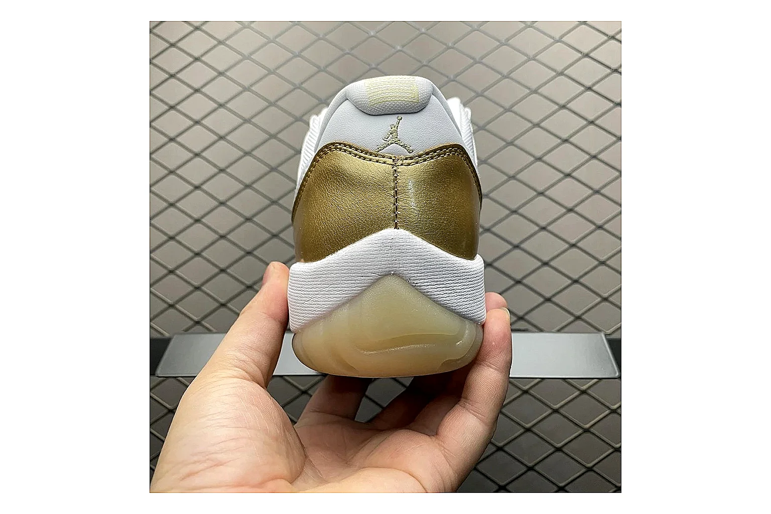 Jordan 11 Low White Gold Sneaker QC photo showing white gold aj11 low sneaker with mixed upper and low top shape thumbnail 5