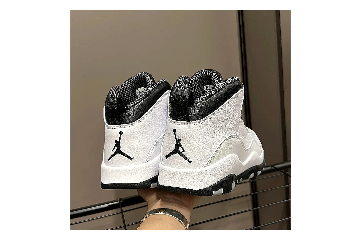 Jordan Air Jordan 10 Steel White Black QC reference photo showing white and black high-top court upper, striped lace panels, Jumpman heel branding, and retro sole thumbnail 3