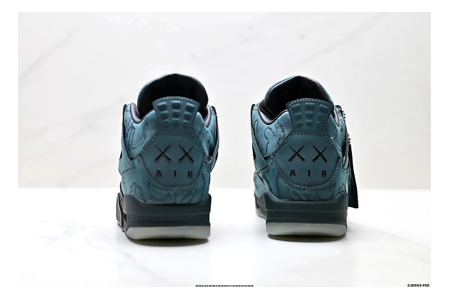 Jordan Air Jordan 4 Teal Black Sneakers QC photo reference showing teal black retro basketball sneakers with nubuck texture, side-profile shape, upper panel lines, and outsole detail