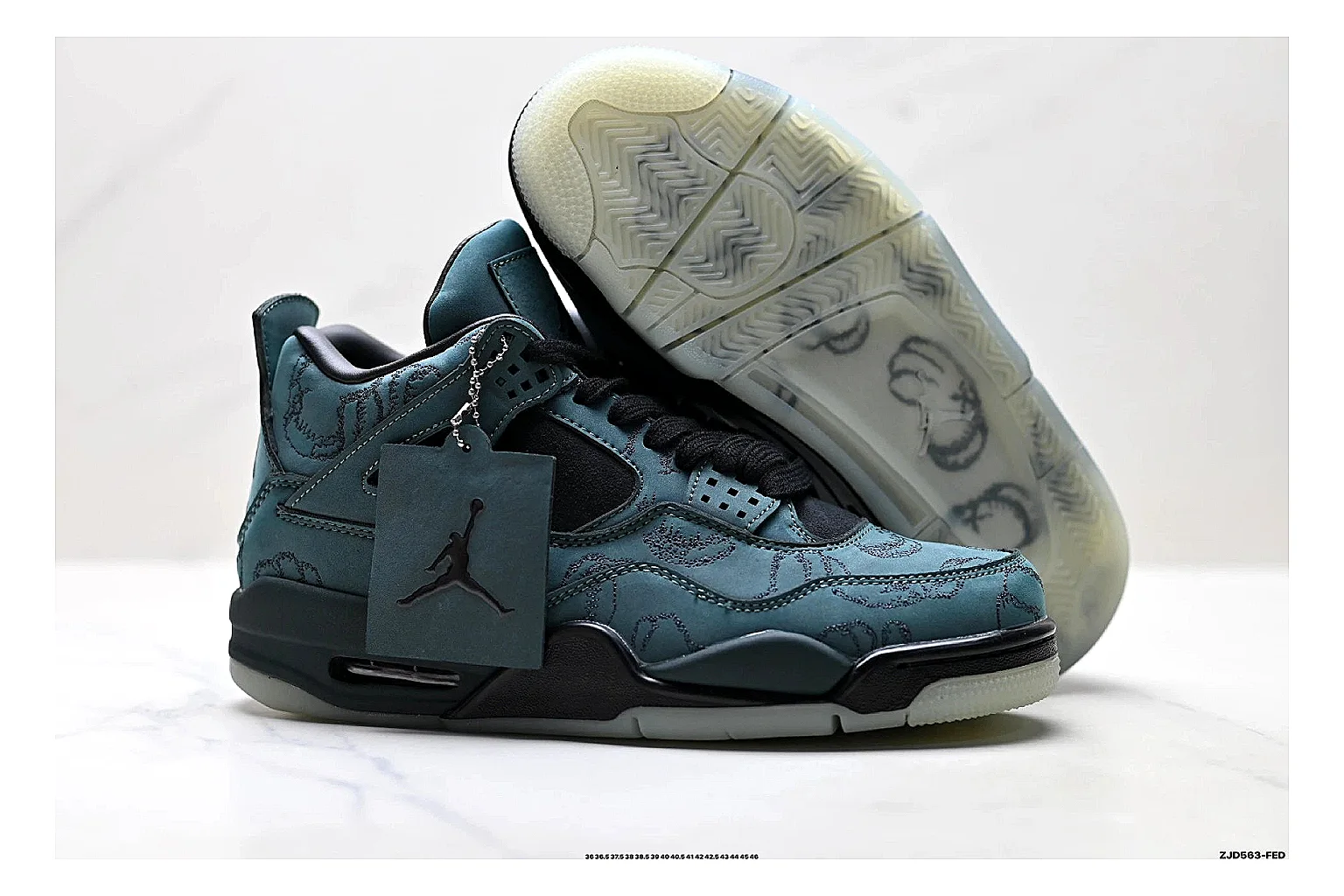 Jordan Air Jordan 4 Teal Black Sneakers QC photo reference showing teal black retro basketball sneakers with nubuck texture, side-profile shape, upper panel lines, and outsole detail thumbnail 4