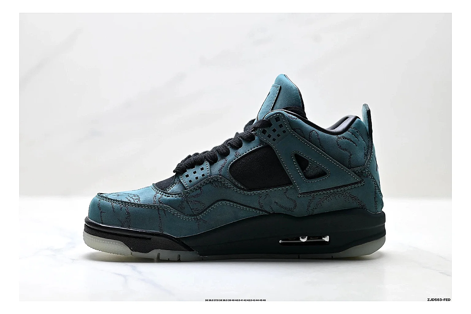 Jordan Air Jordan 4 Teal Black Sneakers QC photo reference showing teal black retro basketball sneakers with nubuck texture, side-profile shape, upper panel lines, and outsole detail thumbnail 5