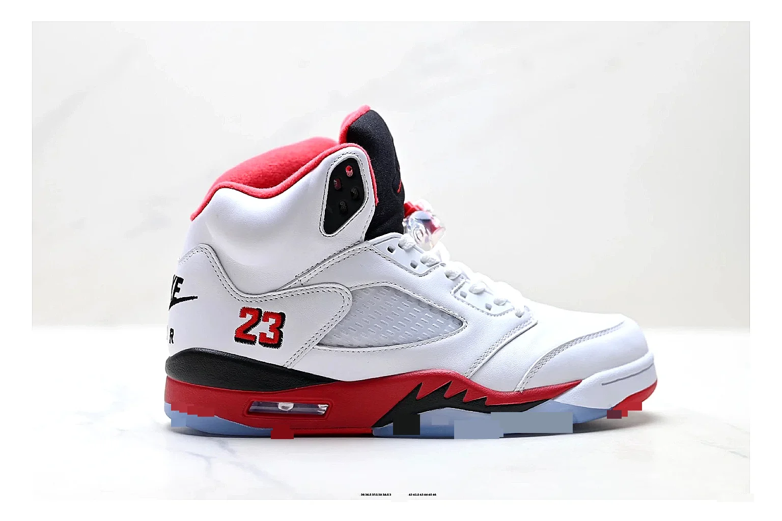 Jordan Air Jordan 5 White Red Sneakers QC photo reference showing white red retro basketball sneakers with leather texture, side-profile shape, upper panel lines, and outsole detail