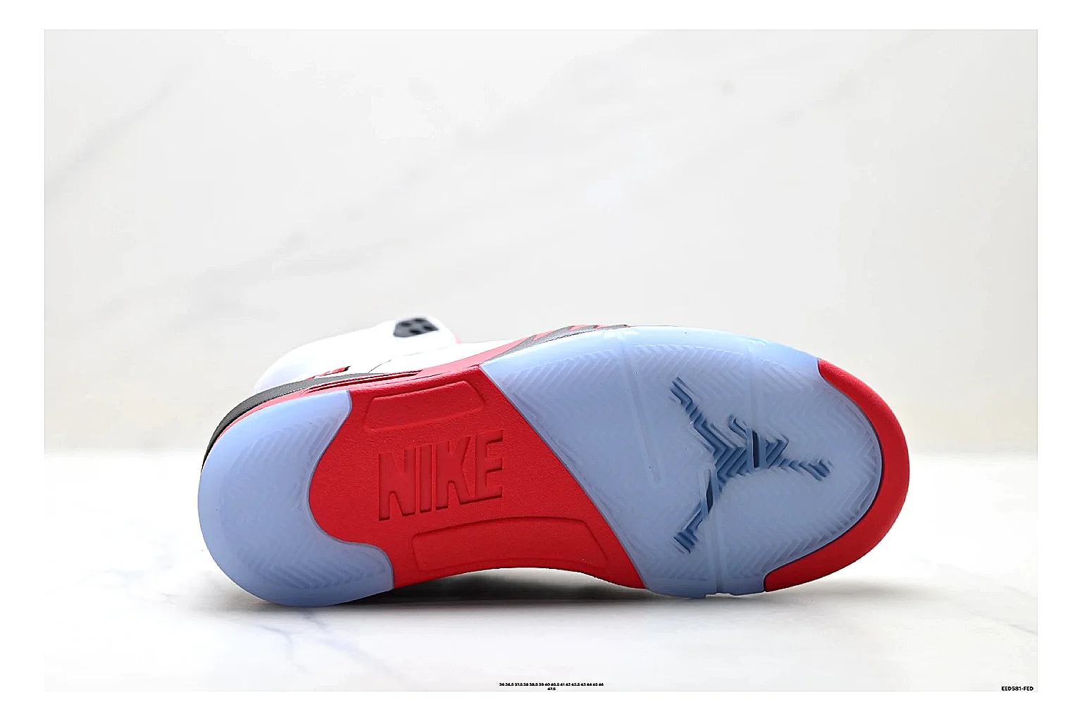 Jordan Air Jordan 5 White Red Sneakers QC photo reference showing white red retro basketball sneakers with leather texture, side-profile shape, upper panel lines, and outsole detail thumbnail 3