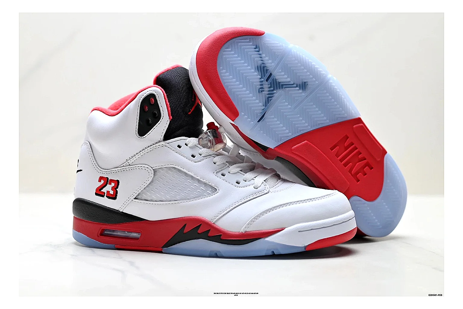 Jordan Air Jordan 5 White Red Sneakers QC photo reference showing white red retro basketball sneakers with leather texture, side-profile shape, upper panel lines, and outsole detail thumbnail 4