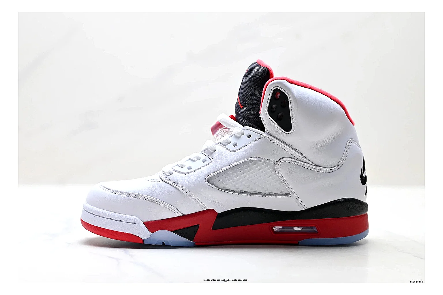 Jordan Air Jordan 5 White Red Sneakers QC photo reference showing white red retro basketball sneakers with leather texture, side-profile shape, upper panel lines, and outsole detail thumbnail 5