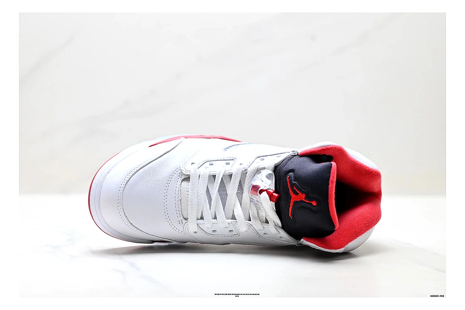 Jordan Air Jordan 5 White Red Sneakers QC photo reference showing white red retro basketball sneakers with leather texture, side-profile shape, upper panel lines, and outsole detail thumbnail 6