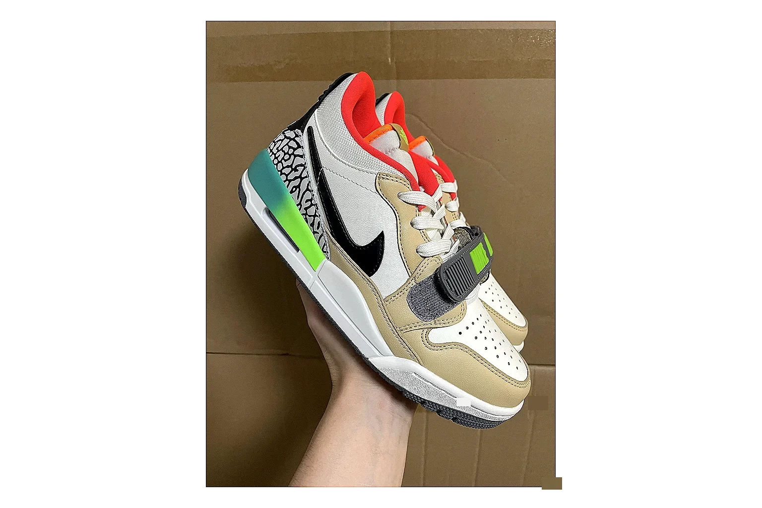 Jordan Air Jordan White Green Red QC reference photo showing white leather court upper, green and red accents, low basketball-retro shape, and classic sole