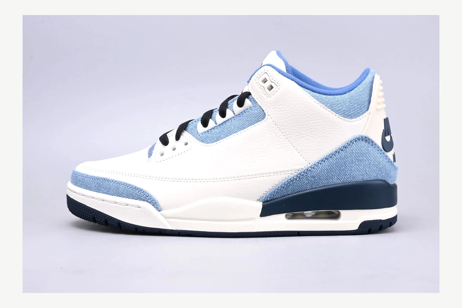 Jordan Air Jordan 3 Blue Sneaker QC photo showing white blue low-top sneaker with mixed-material upper and low-profile shape