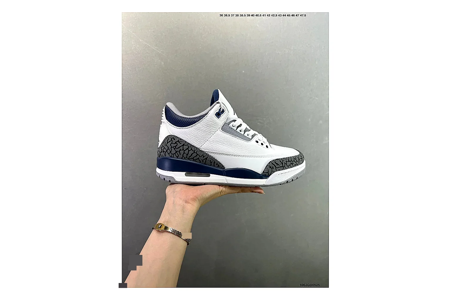 Jordan Air Jordan 3 Midnight Navy QC photo showing white leather upper, navy accents, elephant print panels and visible Air sole for retro sport style