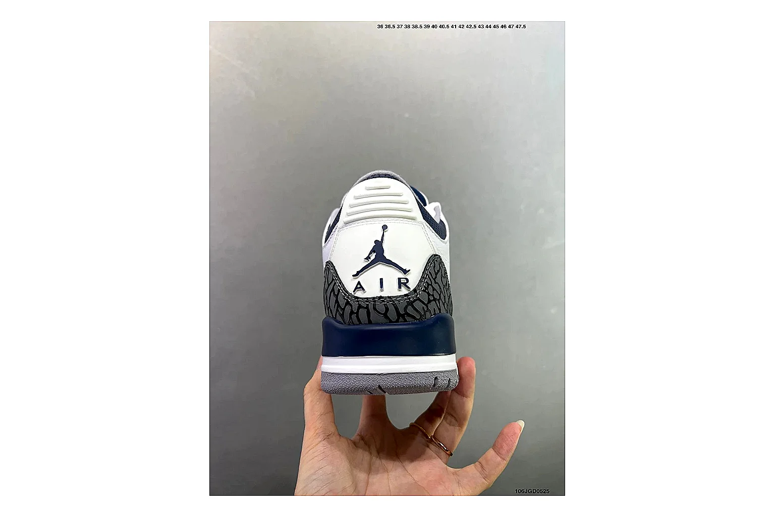 Jordan Air Jordan 3 Midnight Navy QC photo showing white leather upper, navy accents, elephant print panels and visible Air sole for retro sport style
