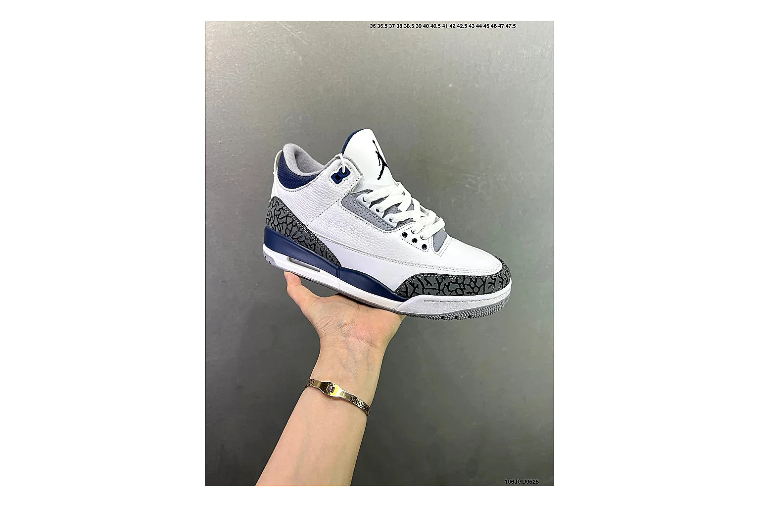 Jordan Air Jordan 3 Midnight Navy QC photo showing white leather upper, navy accents, elephant print panels and visible Air sole for retro sport style thumbnail 5
