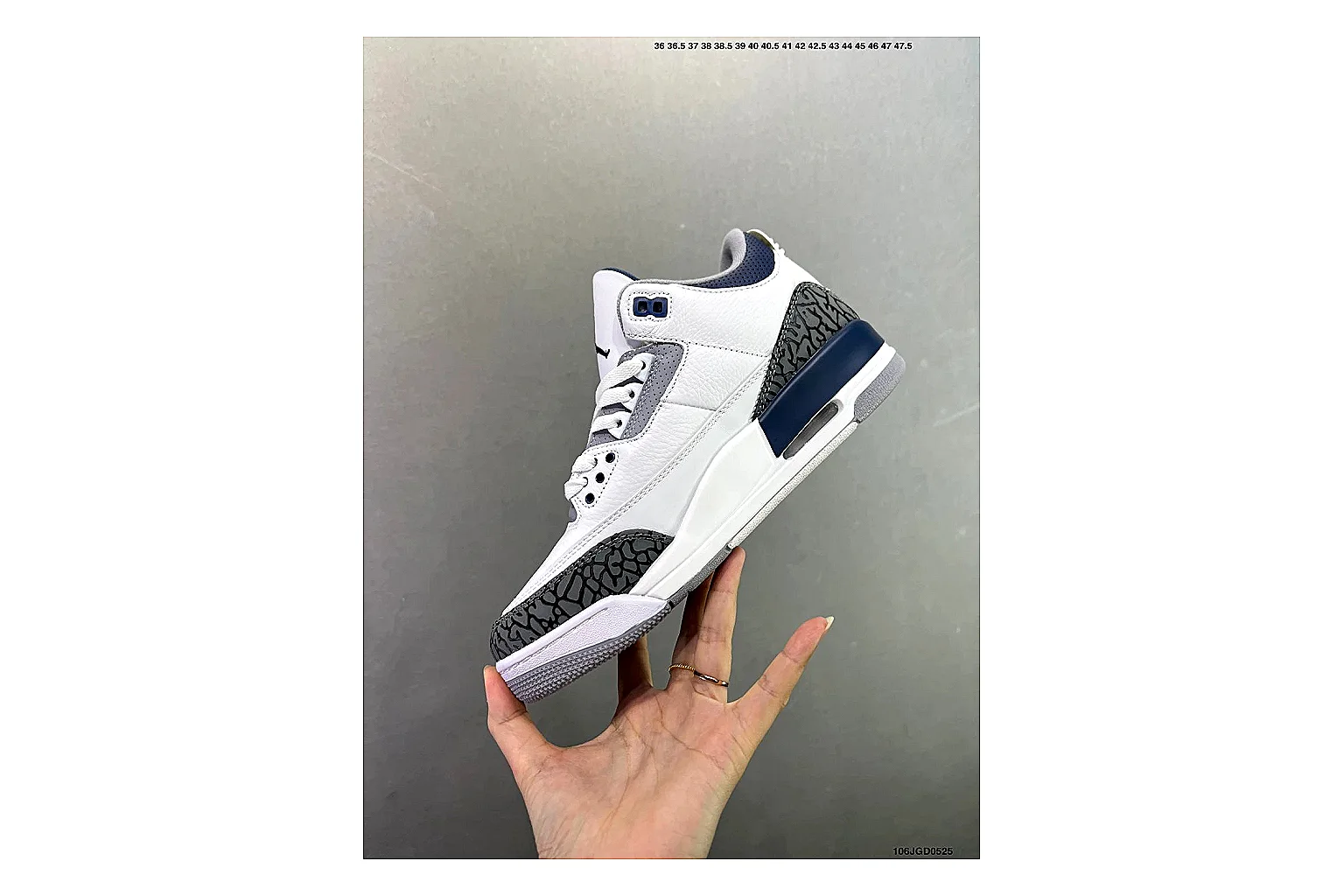 Jordan Air Jordan 3 Midnight Navy QC photo showing white leather upper, navy accents, elephant print panels and visible Air sole for retro sport style thumbnail 6