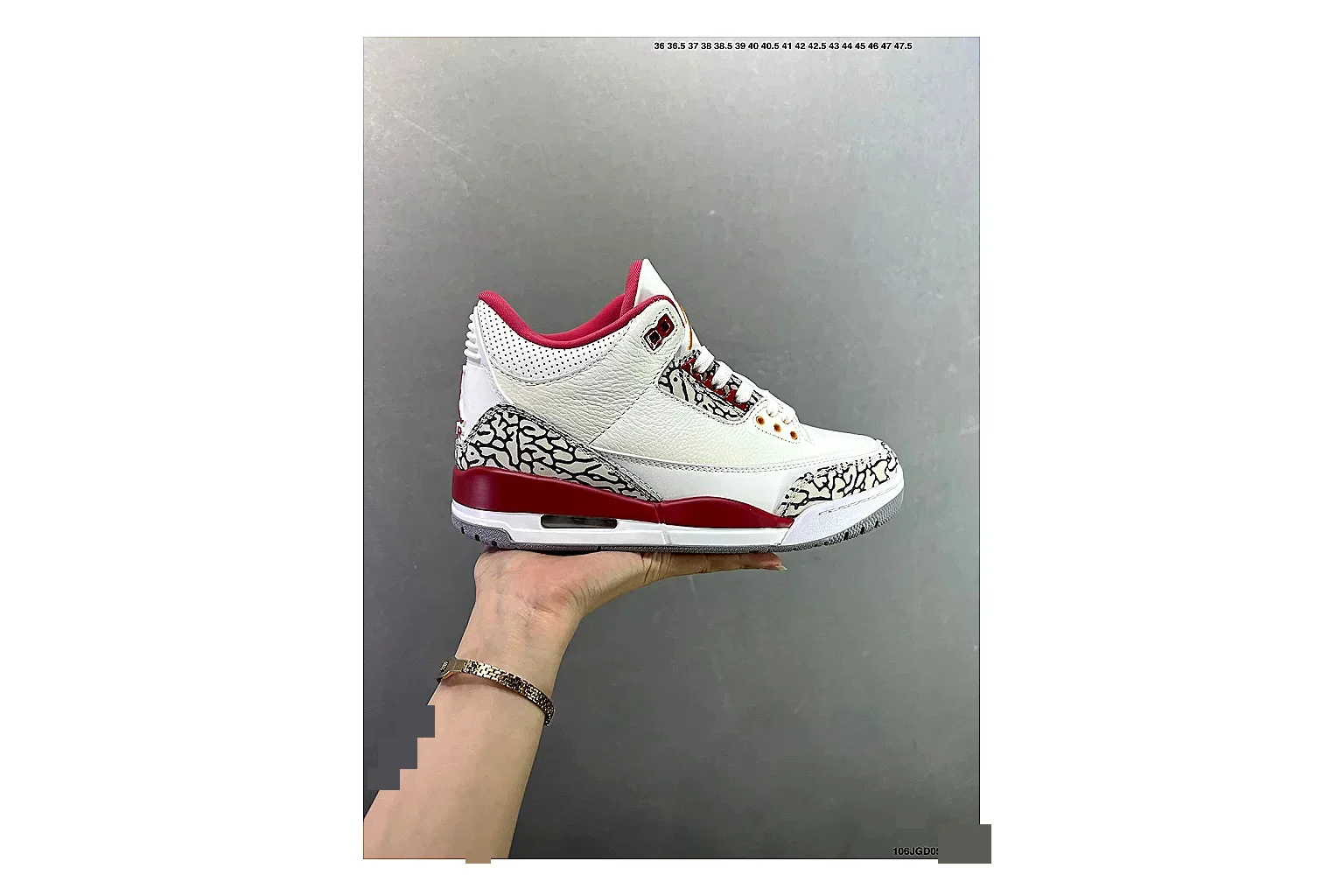 Jordan Air Jordan 3 White Red Cement QC photo showing white leather upper, red accents, elephant print panels and visible Air sole for classic retro style