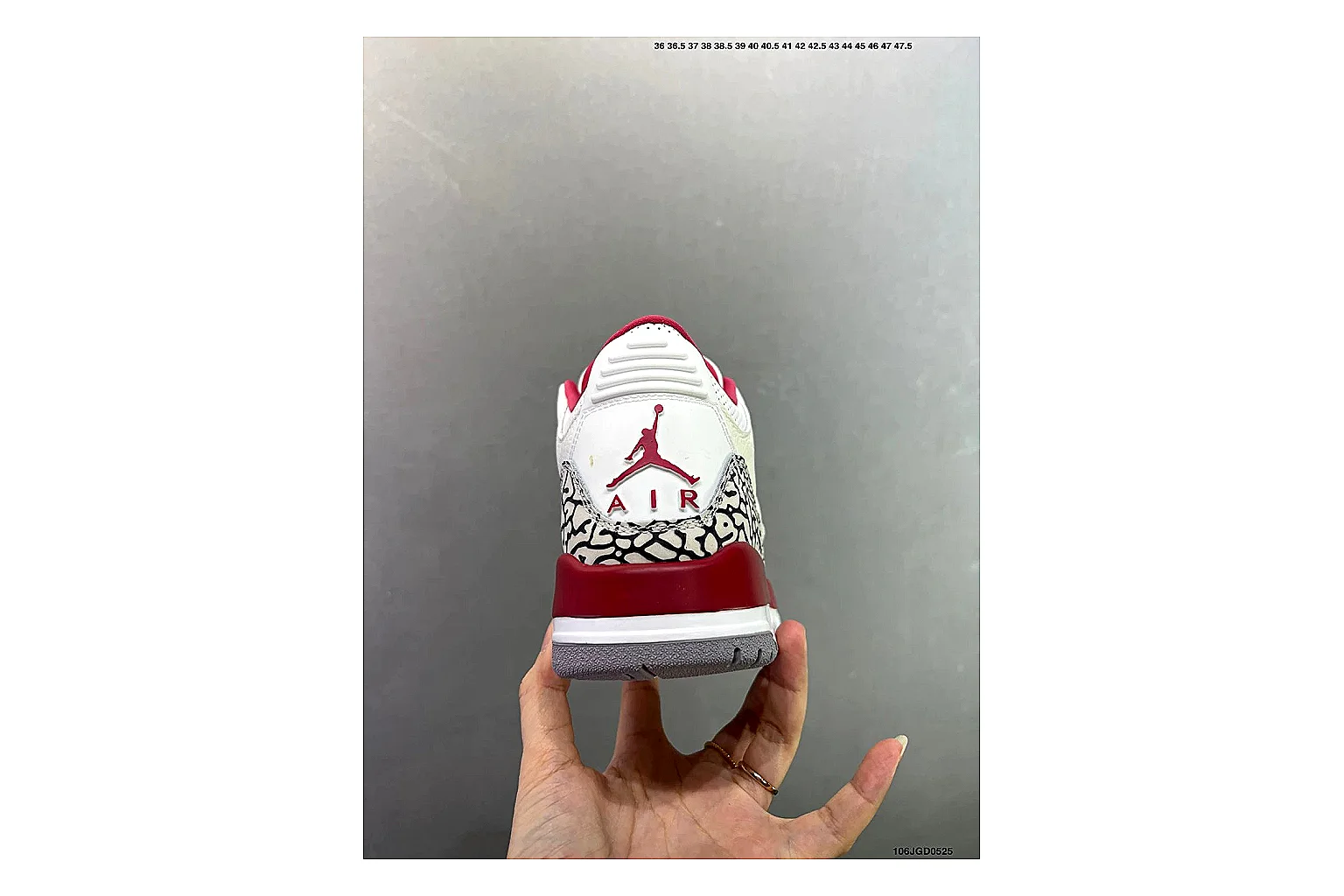 Jordan Air Jordan 3 White Red Cement QC photo showing white leather upper, red accents, elephant print panels and visible Air sole for classic retro style