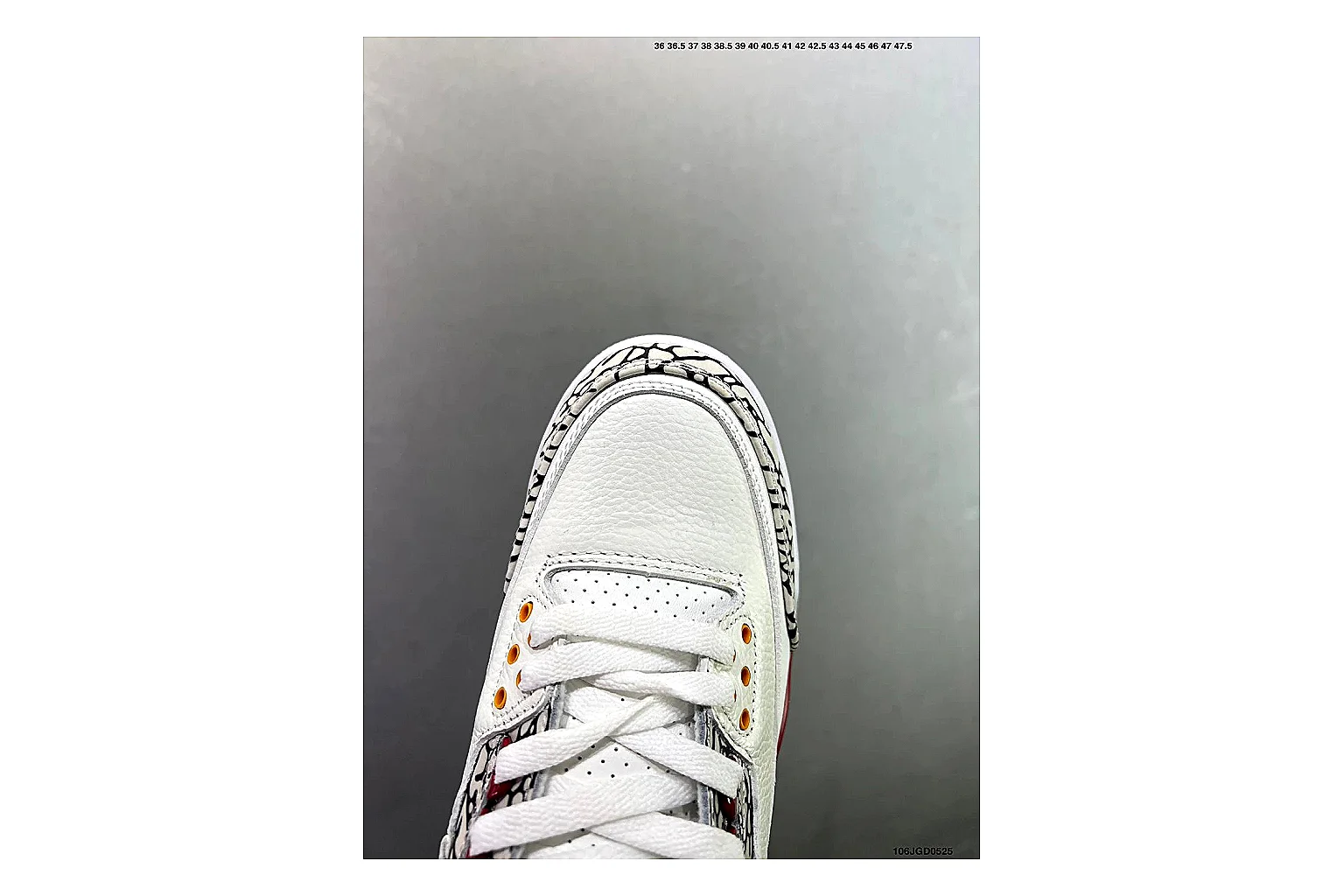 Jordan Air Jordan 3 White Red Cement QC photo showing white leather upper, red accents, elephant print panels and visible Air sole for classic retro style thumbnail 3