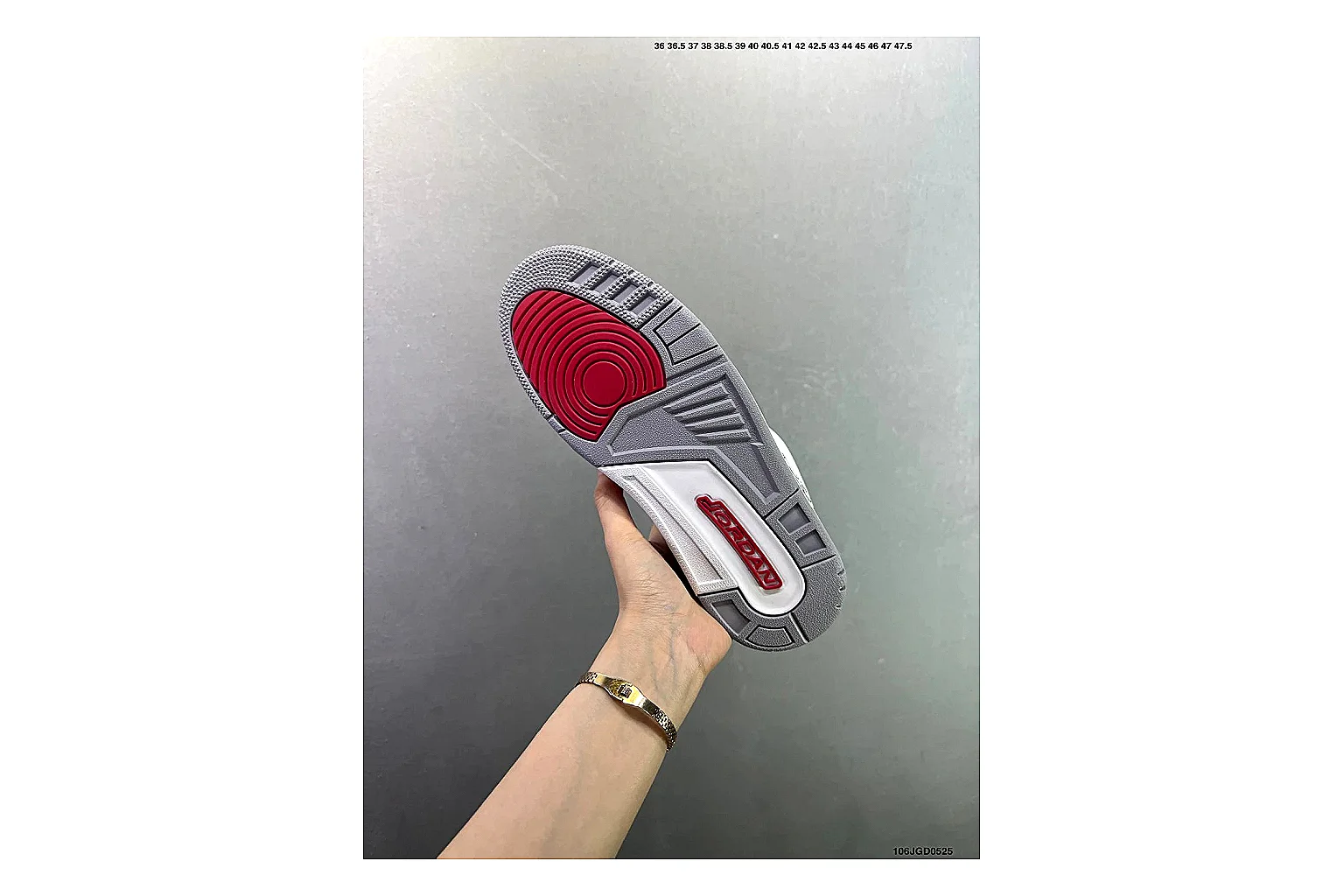 Jordan Air Jordan 3 White Red Cement QC photo showing white leather upper, red accents, elephant print panels and visible Air sole for classic retro style thumbnail 4