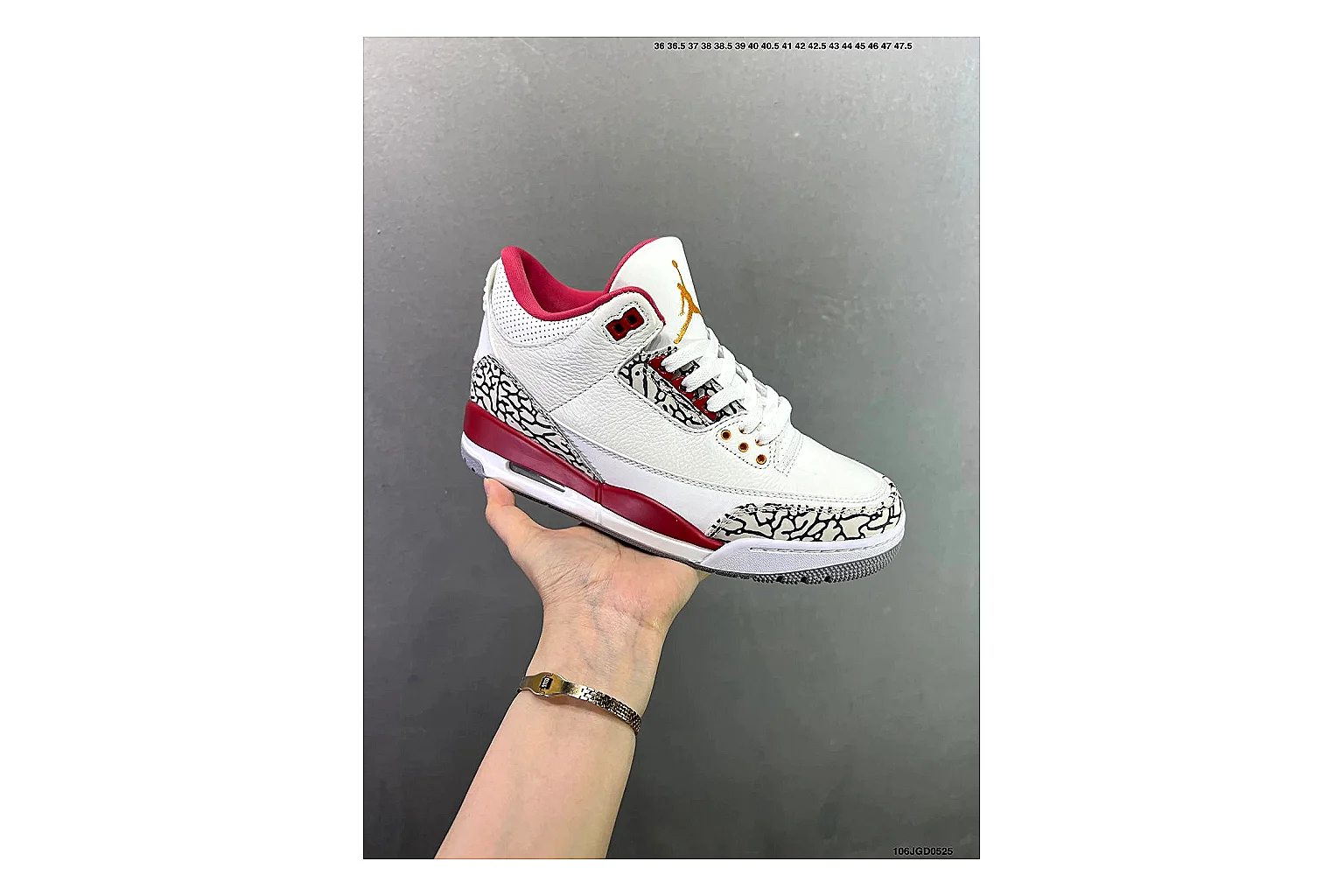 Jordan Air Jordan 3 White Red Cement QC photo showing white leather upper, red accents, elephant print panels and visible Air sole for classic retro style thumbnail 5