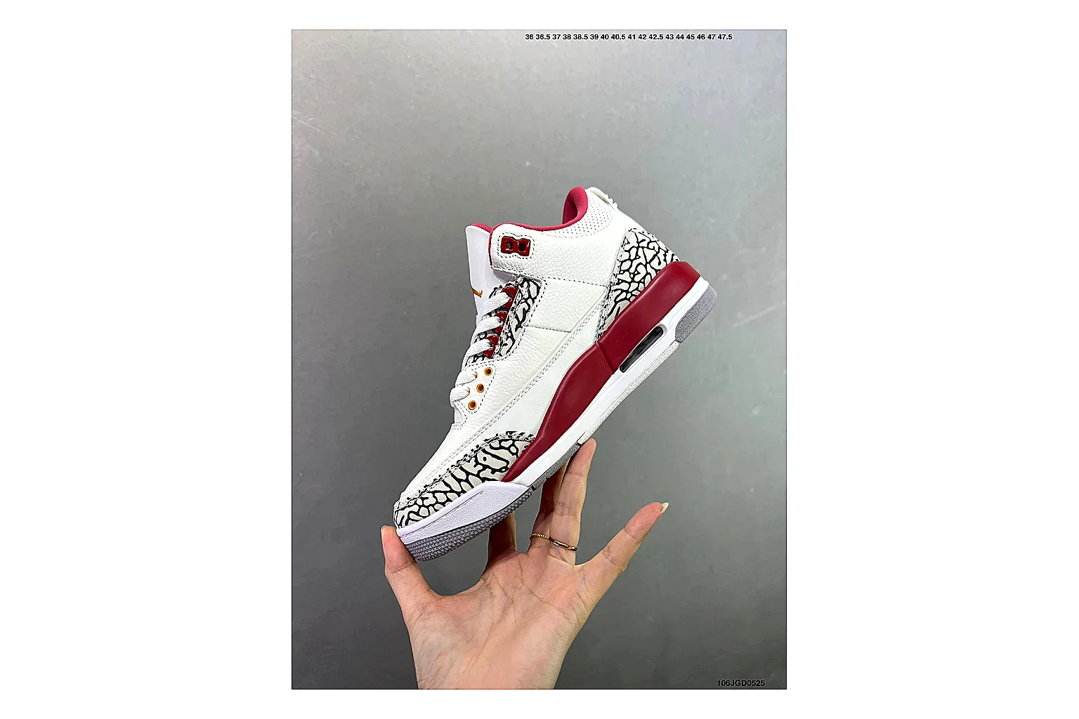 Jordan Air Jordan 3 White Red Cement QC photo showing white leather upper, red accents, elephant print panels and visible Air sole for classic retro style thumbnail 6