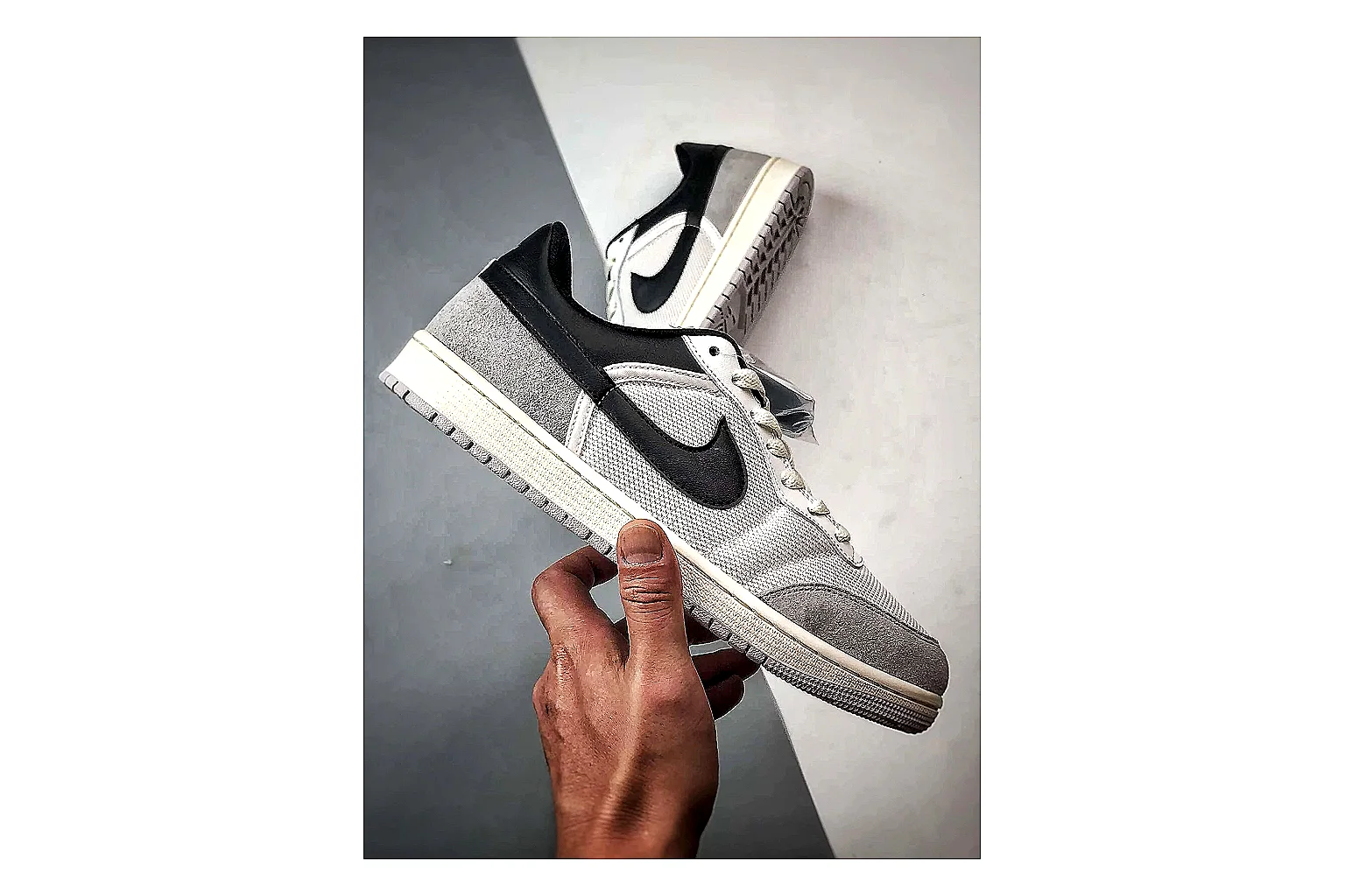 Jordan Low Black White Sneaker QC photo showing white black low-top sneaker with mixed-material upper and low-profile shape thumbnail 2