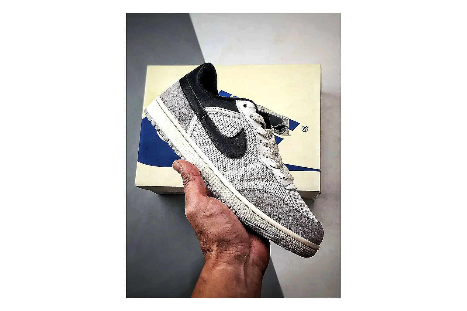 Jordan Low Black White Sneaker QC photo showing white black low-top sneaker with mixed-material upper and low-profile shape thumbnail 5