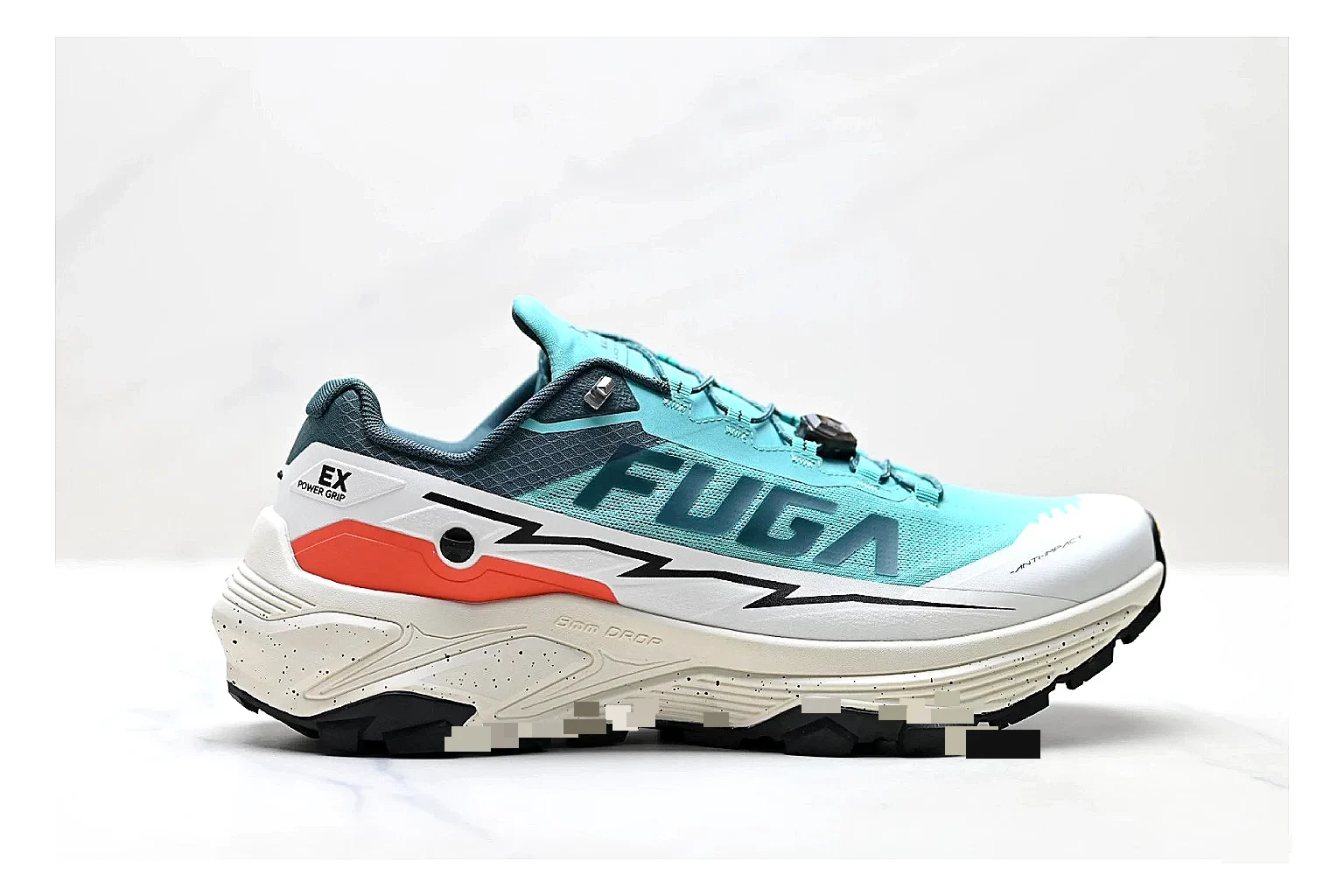 Kailas Fuga Aqua White Sneakers QC photo reference showing aqua white outdoor running shoes with mesh texture, side-profile shape, upper panel lines, and outsole detail
