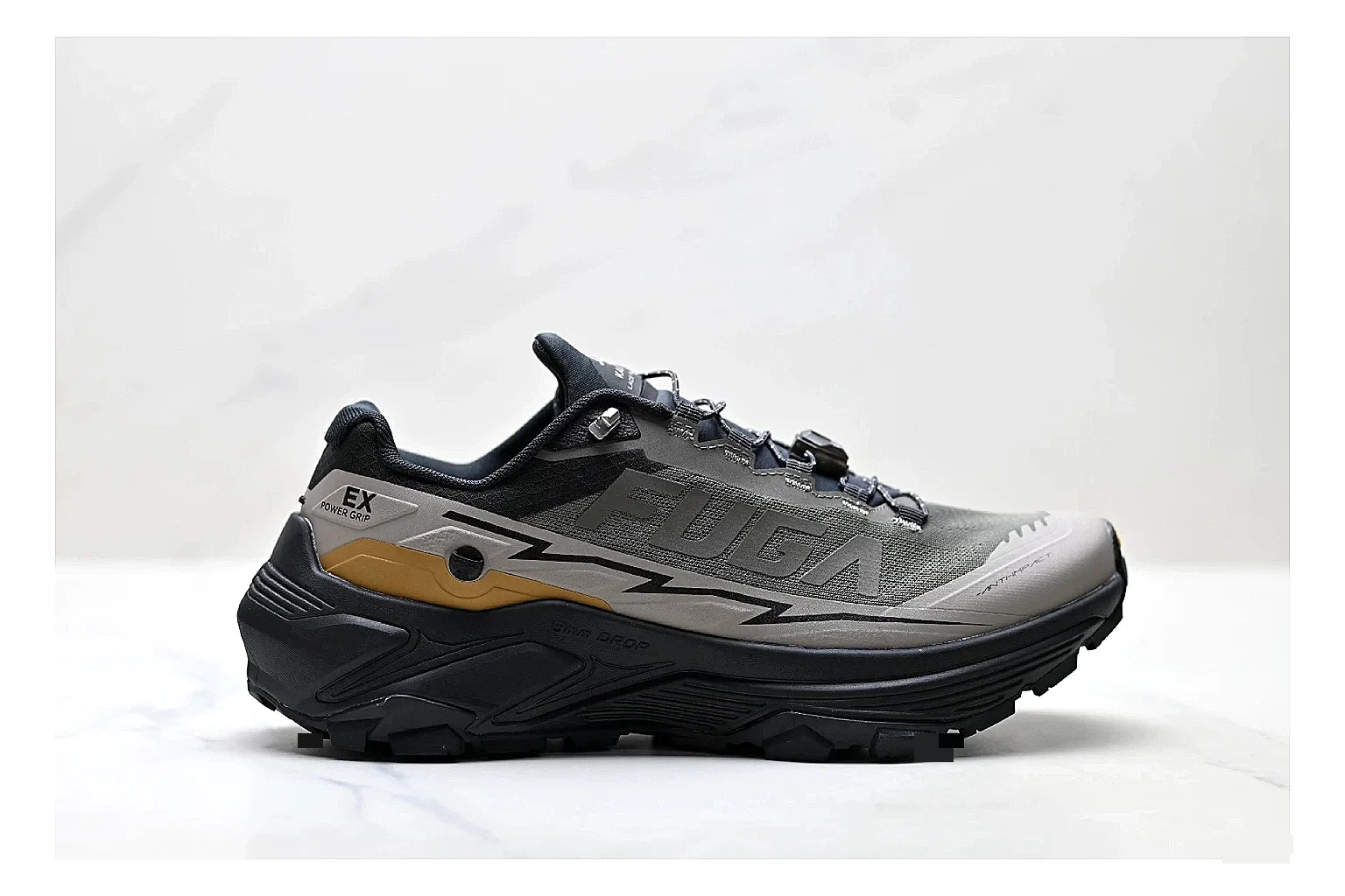 Kailas Fuga Gray Gold Sneakers QC photo reference showing gray gold outdoor running shoes with mesh texture, side-profile shape, upper panel lines, and outsole detail