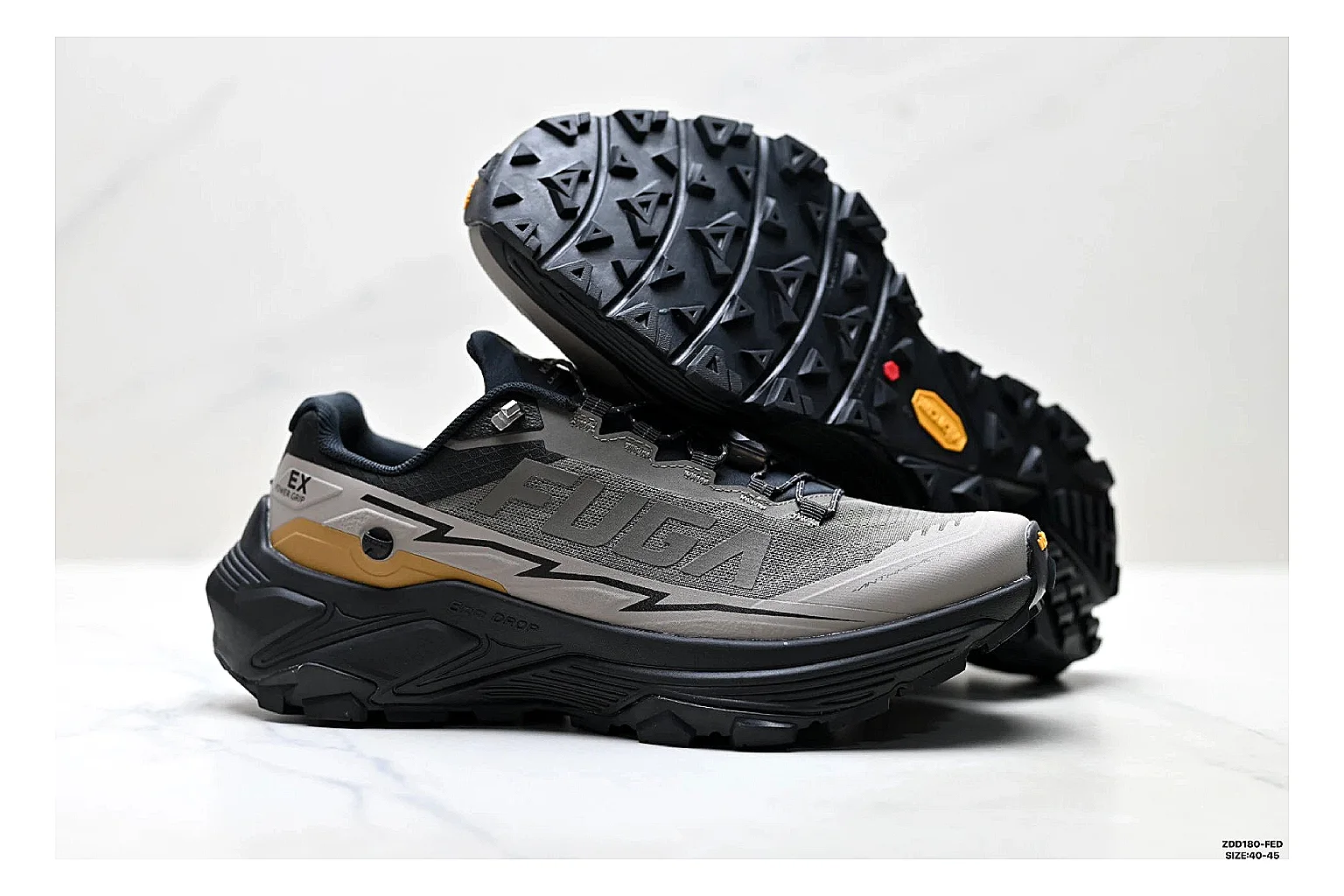 Kailas Fuga Gray Gold Sneakers QC photo reference showing gray gold outdoor running shoes with mesh texture, side-profile shape, upper panel lines, and outsole detail thumbnail 4