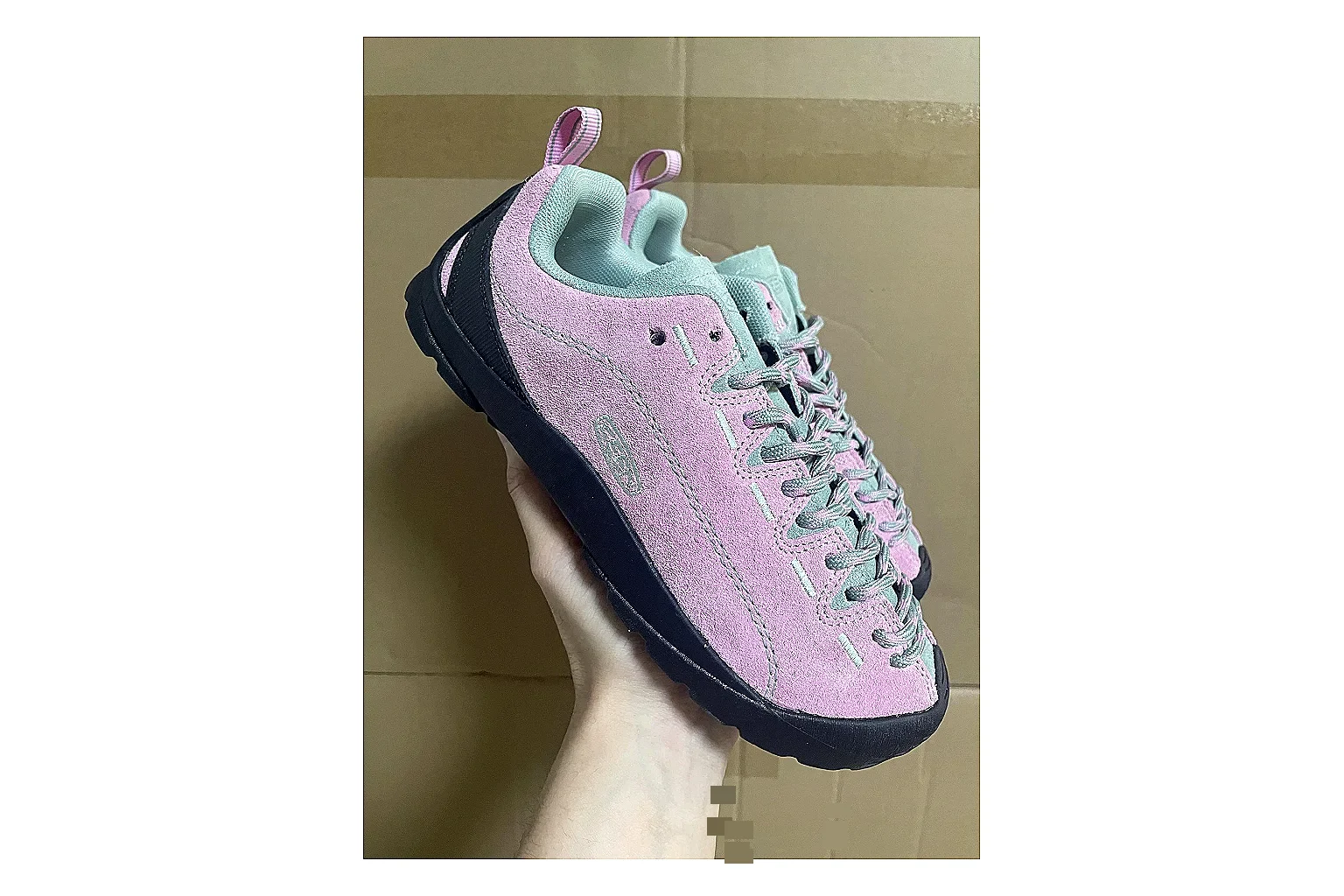 KEEN Jasper Runner Pink Navy QC reference photo showing pink navy mesh-suede upper, outdoor runner shape, protective front profile, and trail-casual sole