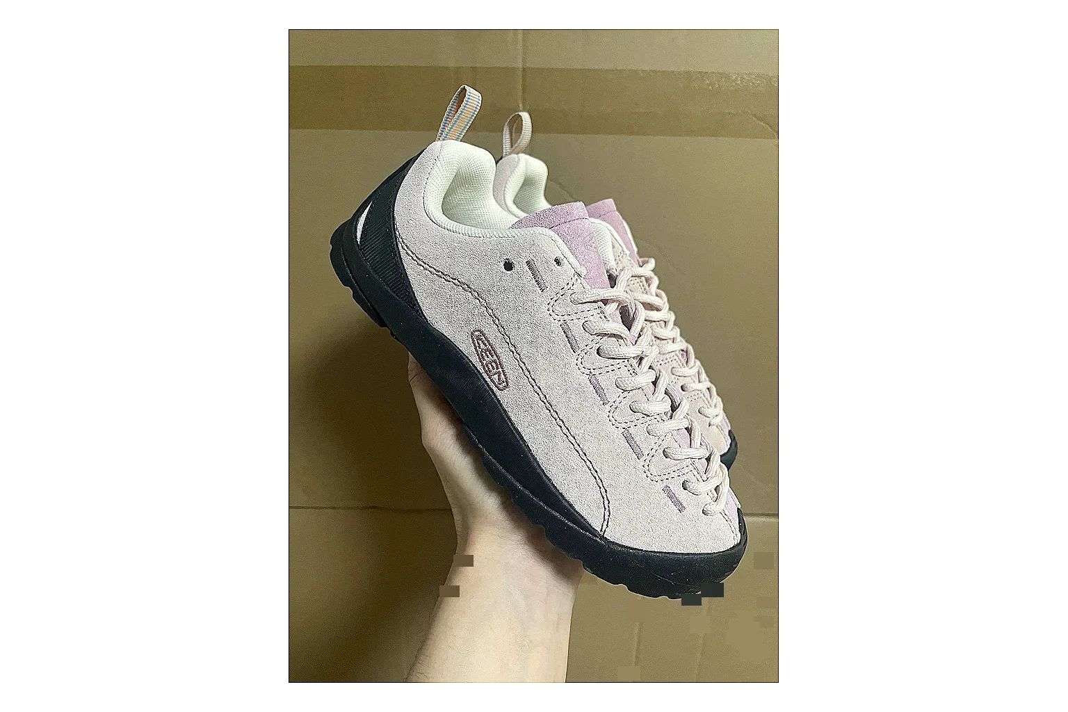 KEEN Jasper Runner White Purple QC reference photo showing white mesh-suede runner upper, purple accents, outdoor-runner shape, and trail-casual sole