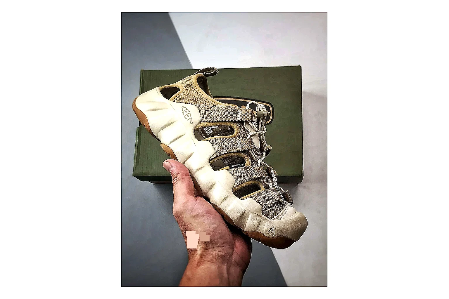 KEEN Jasper Sandal Beige Taupe QC reference photo showing beige taupe suede-mesh upper, outdoor sandal shape, protective toe area, and trail-casual sole