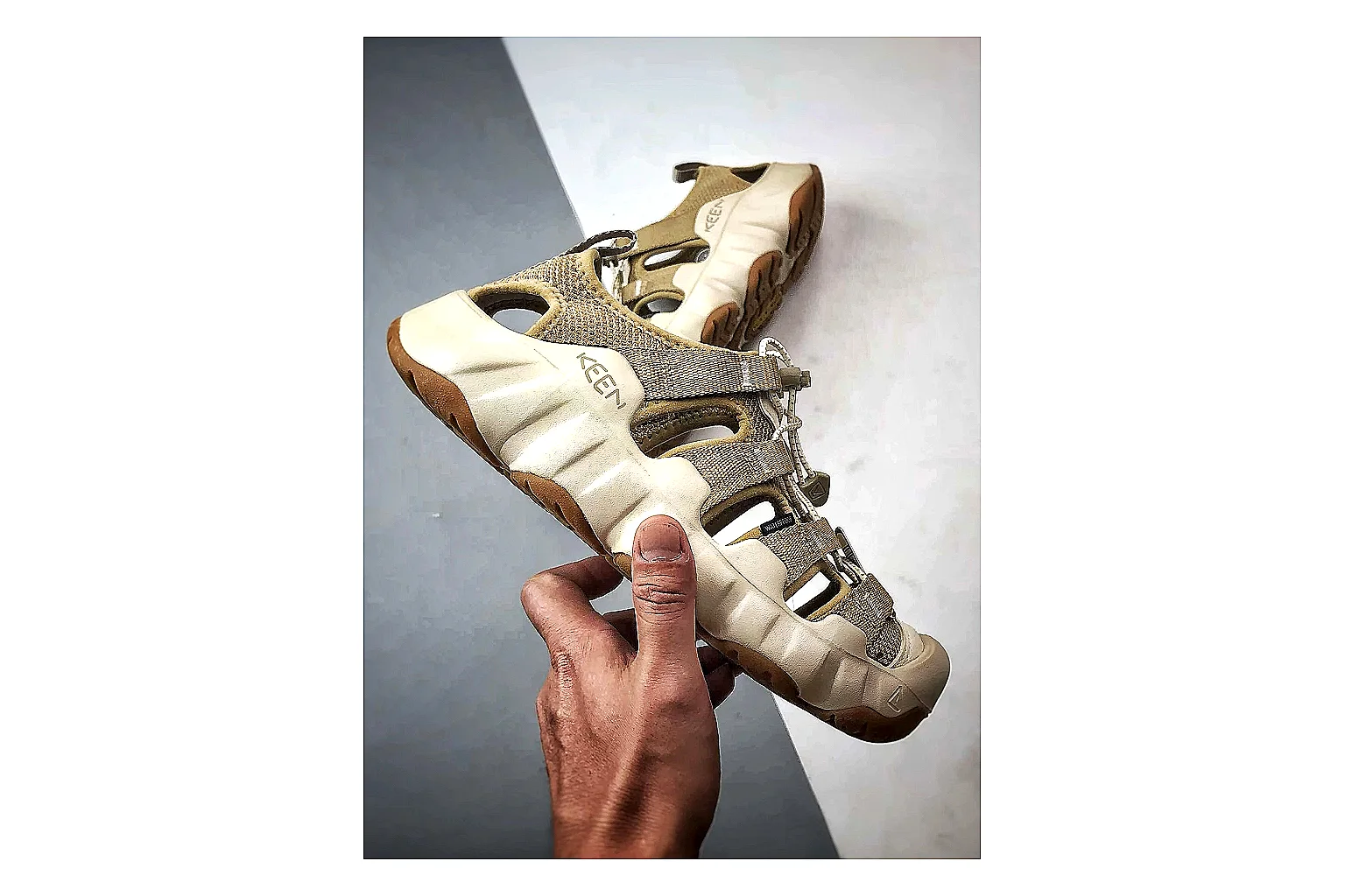 KEEN Jasper Sandal Beige Taupe QC reference photo showing beige taupe suede-mesh upper, outdoor sandal shape, protective toe area, and trail-casual sole thumbnail 3