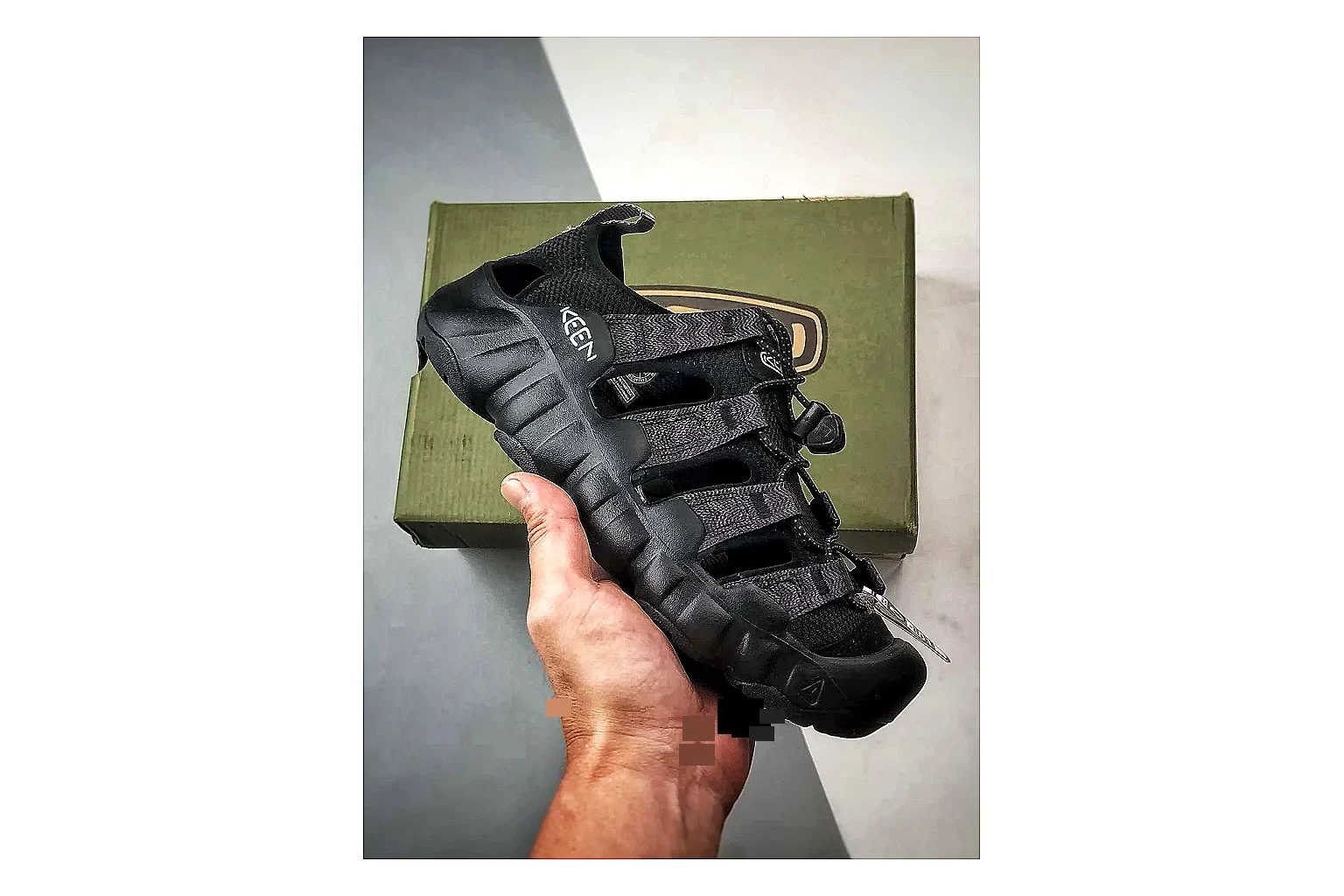 KEEN Jasper Sandal Black QC reference photo showing black suede-mesh upper, outdoor sandal shape, protective toe area, and trail-casual sole