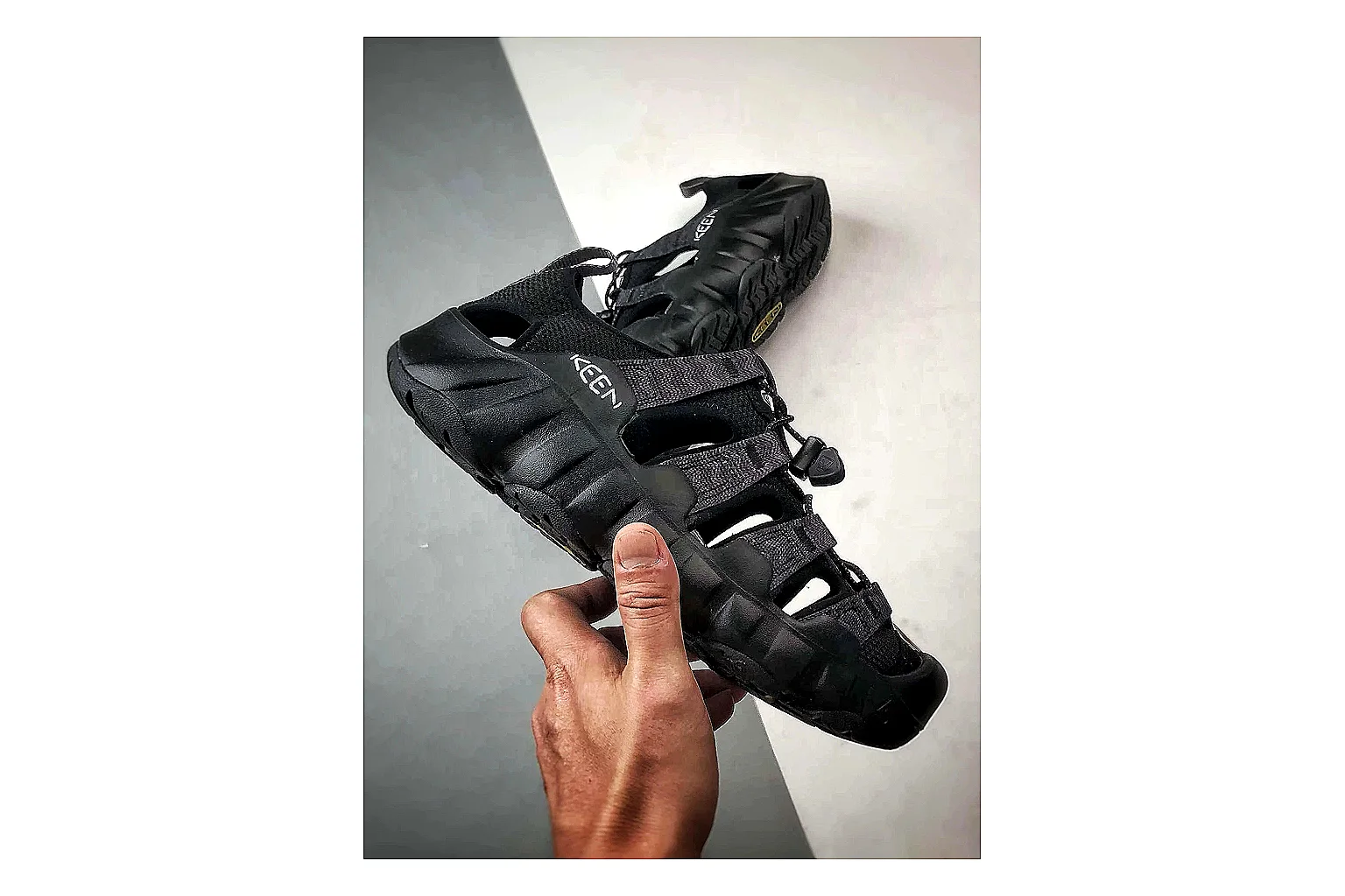KEEN Jasper Sandal Black QC reference photo showing black suede-mesh upper, outdoor sandal shape, protective toe area, and trail-casual sole thumbnail 3
