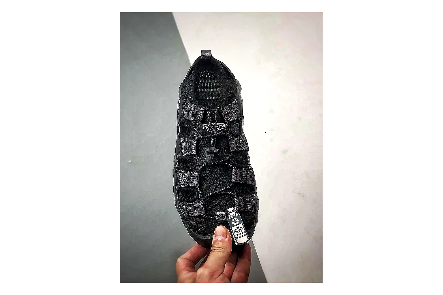 KEEN Jasper Sandal Black QC reference photo showing black suede-mesh upper, outdoor sandal shape, protective toe area, and trail-casual sole thumbnail 5