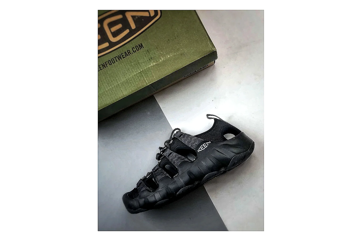 KEEN Jasper Sandal Black QC reference photo showing black suede-mesh upper, outdoor sandal shape, protective toe area, and trail-casual sole thumbnail 6