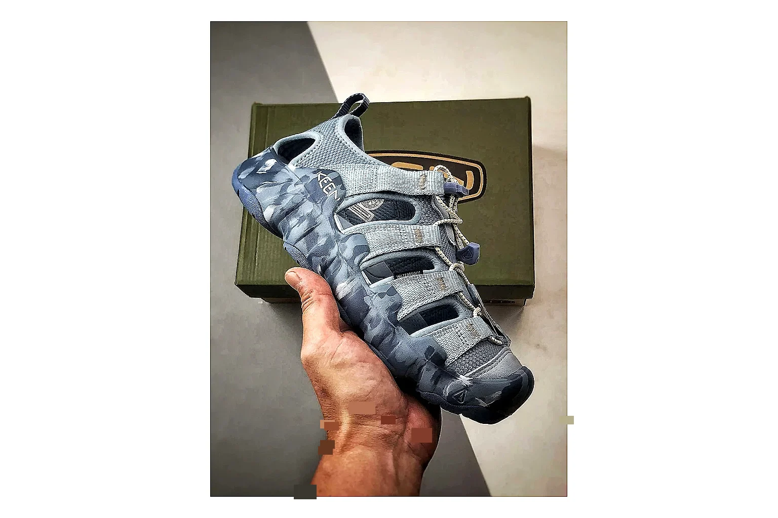 KEEN Jasper Sandal Blue Gray QC reference photo showing blue gray suede-mesh upper, outdoor sandal silhouette, protective toe area, and trail-casual sole