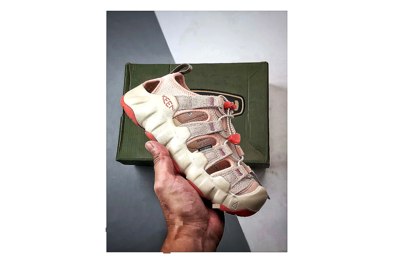 KEEN Jasper Sandal Cream Red QC reference photo showing cream red suede-mesh upper, outdoor sandal openings, protective toe area, and rugged sole