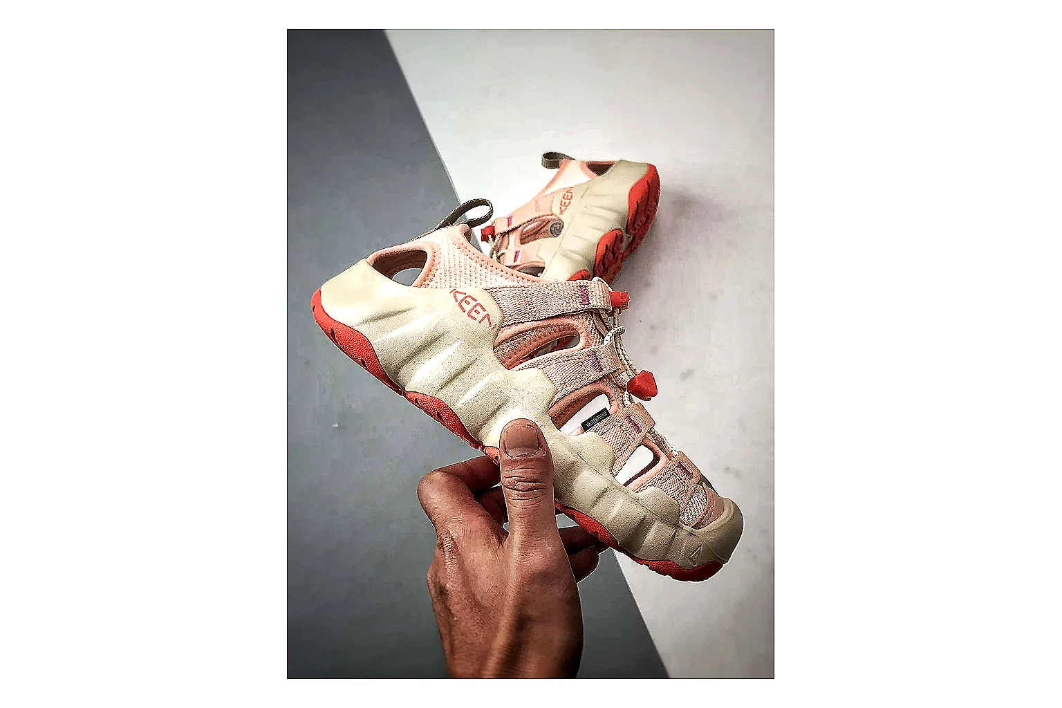 KEEN Jasper Sandal Cream Red QC reference photo showing cream red suede-mesh upper, outdoor sandal openings, protective toe area, and rugged sole thumbnail 3
