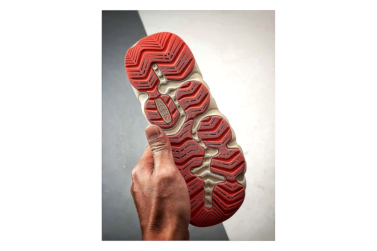 KEEN Jasper Sandal Cream Red QC reference photo showing cream red suede-mesh upper, outdoor sandal openings, protective toe area, and rugged sole thumbnail 4