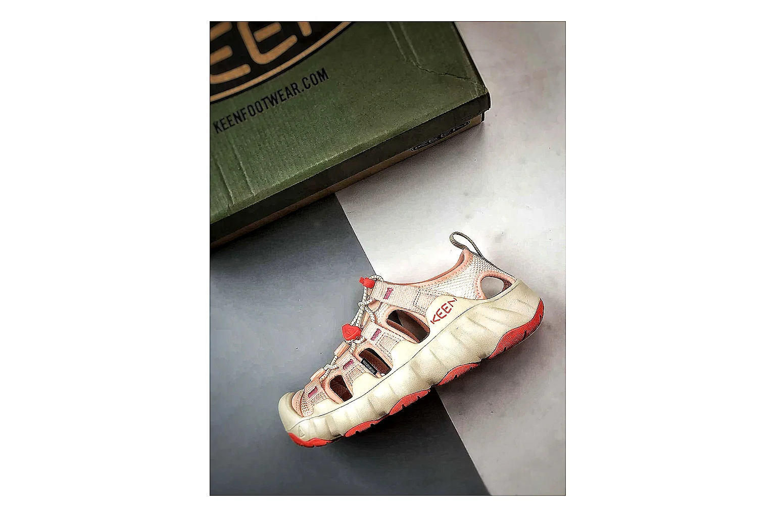 KEEN Jasper Sandal Cream Red QC reference photo showing cream red suede-mesh upper, outdoor sandal openings, protective toe area, and rugged sole thumbnail 6