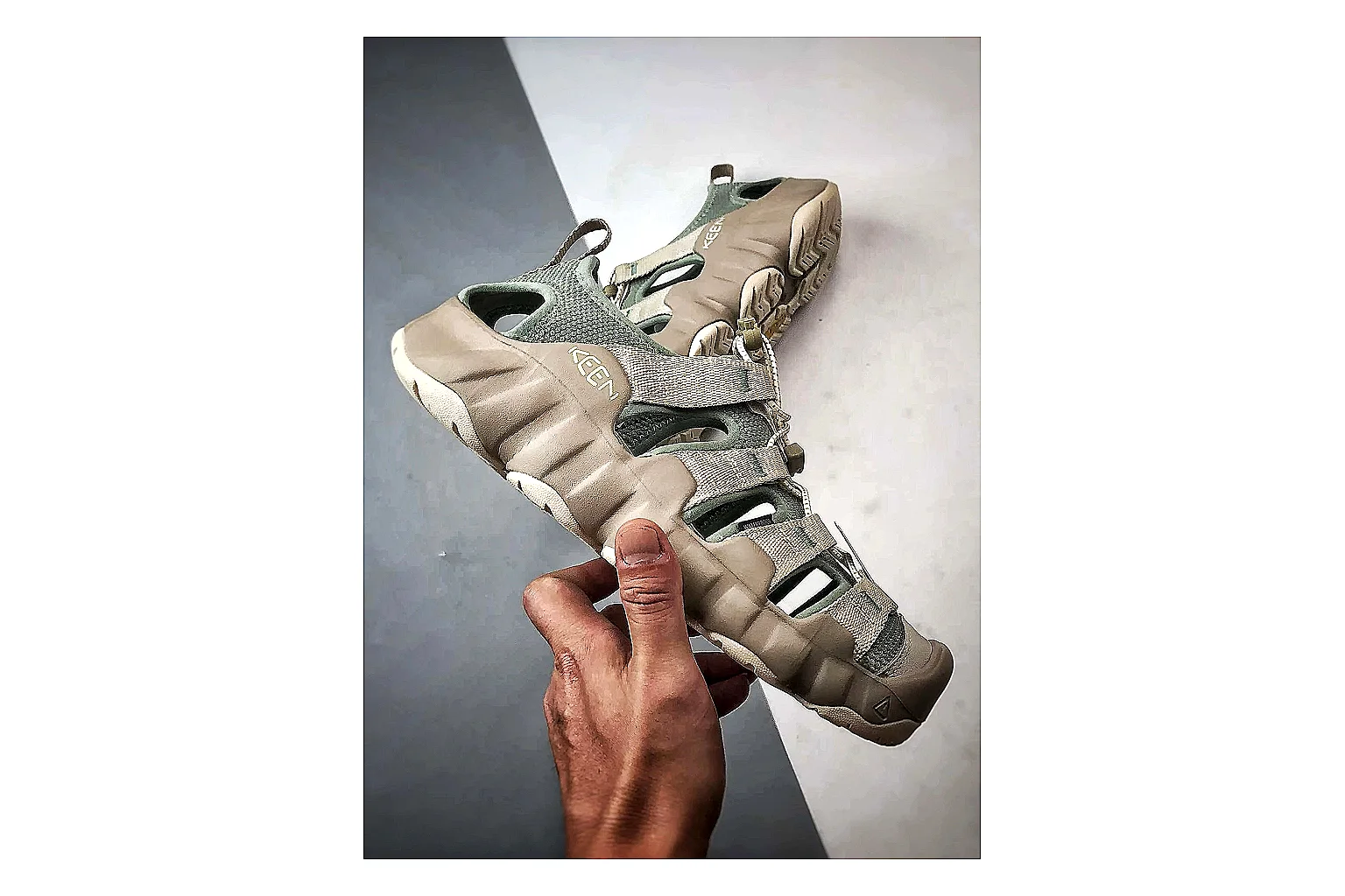 KEEN Jasper Sandal Gray Beige QC reference photo showing gray beige suede-mesh upper, protective toe area, sandal-style openings, and trail-ready sole thumbnail 3