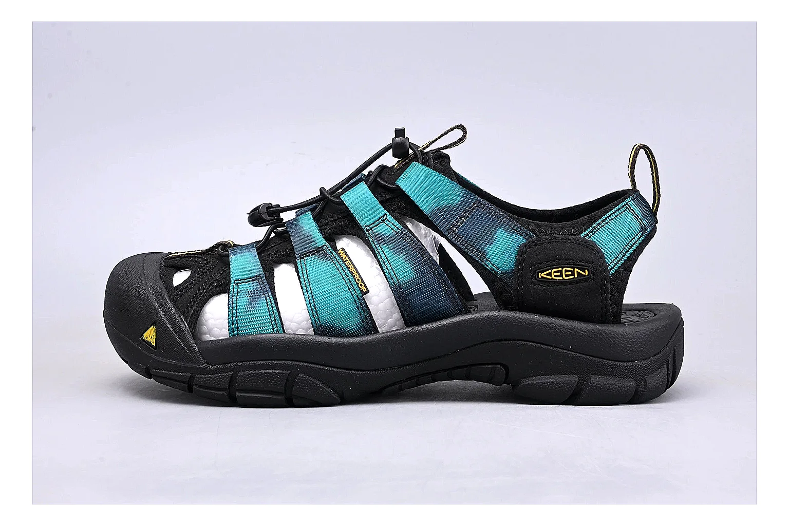 KEEN Zerraport Black Teal Sandal QC photo showing black teal zerraport outdoor sandal with mixed upper and sandal shape