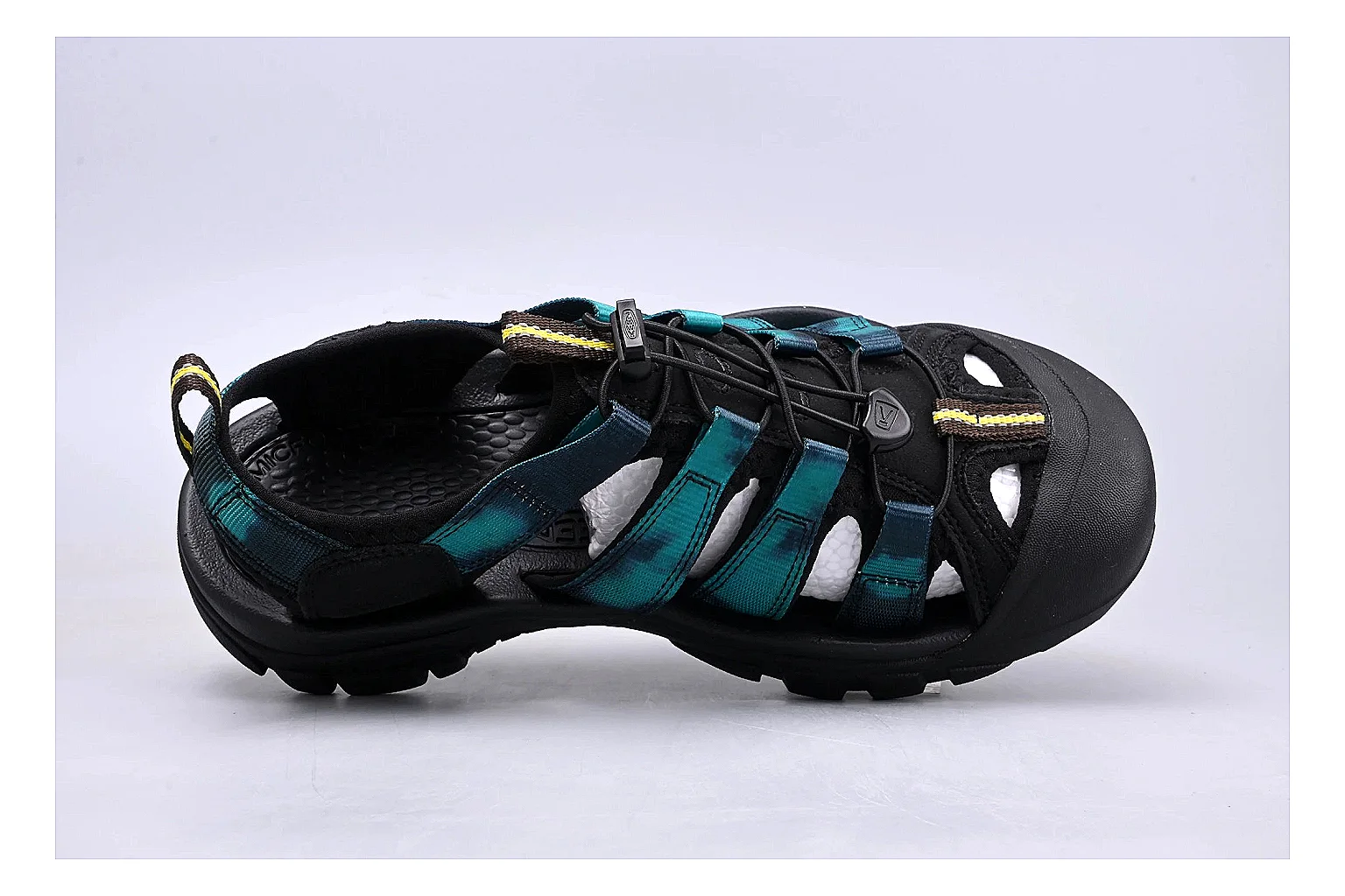 KEEN Zerraport Black Teal Sandal QC photo showing black teal zerraport outdoor sandal with mixed upper and sandal shape thumbnail 6