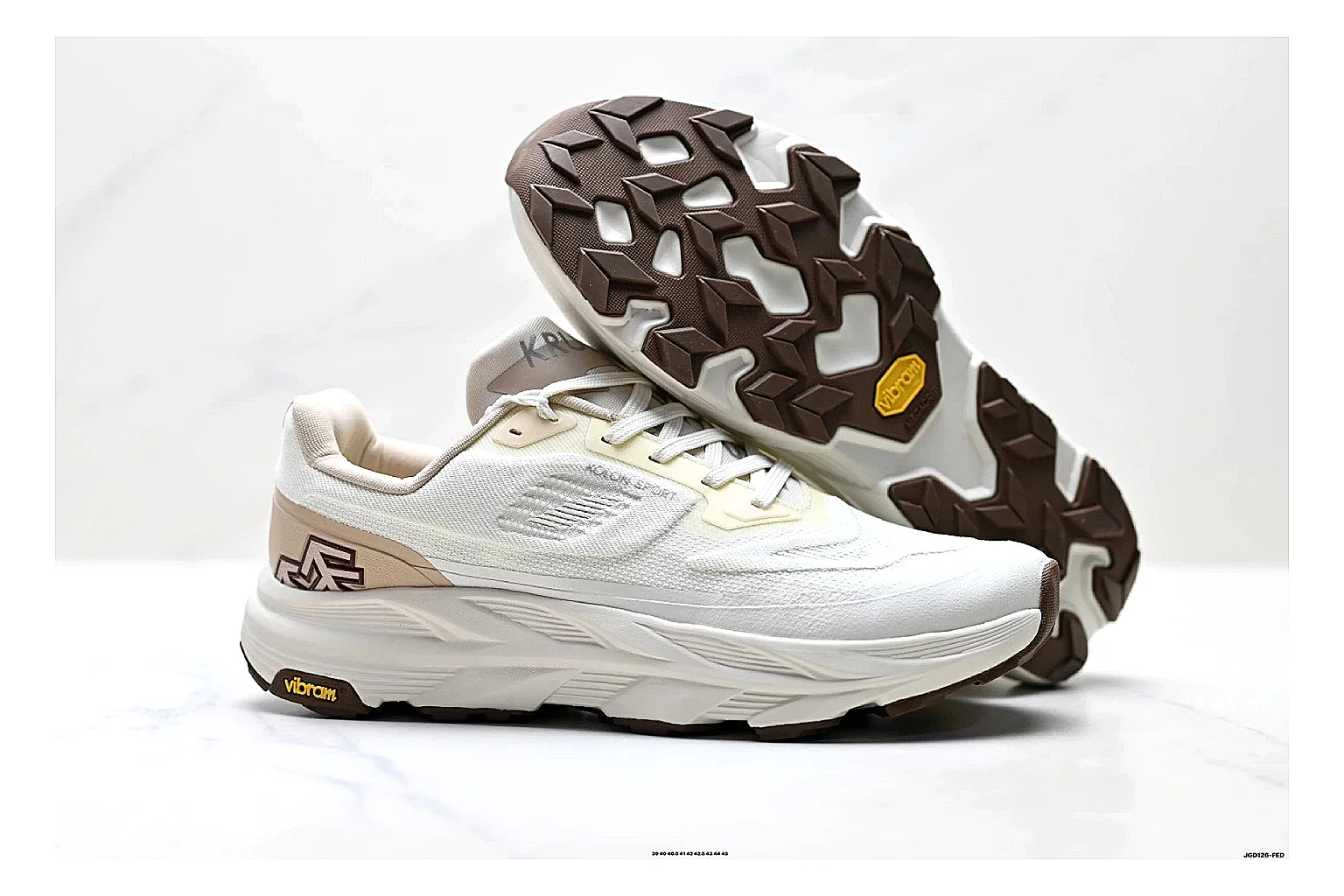 KOLON SPORT Krus V White Tan Sneakers QC photo reference showing white tan outdoor sneakers with mesh-leather texture, side-profile shape, upper panel lines, and outsole detail thumbnail 4