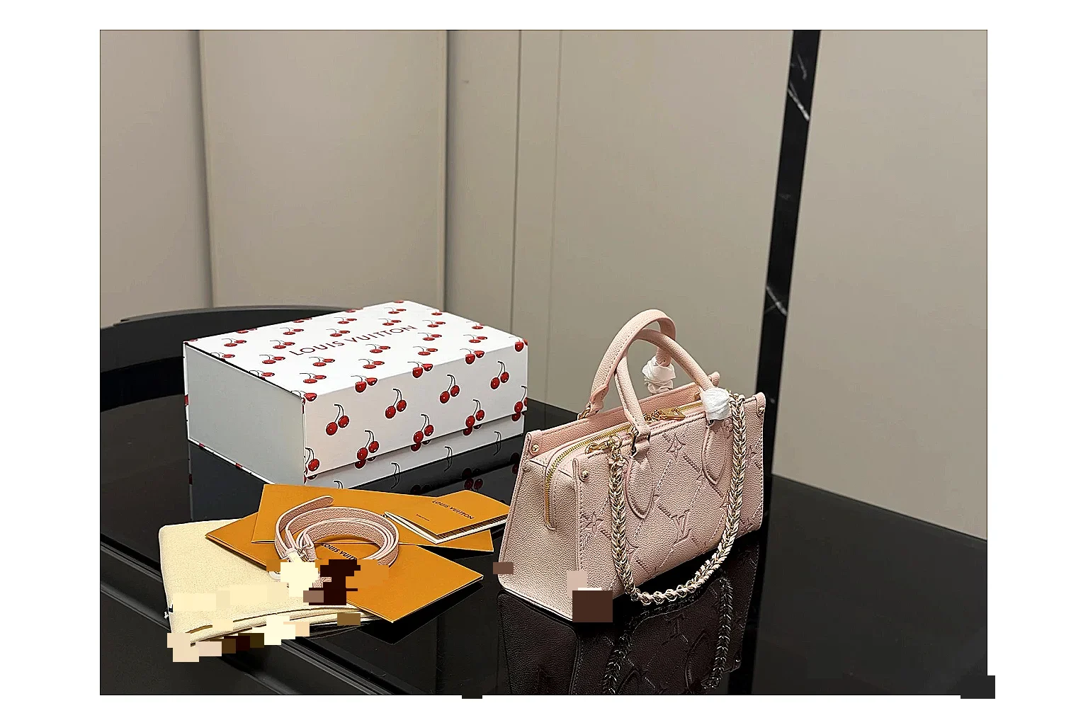Louis Vuitton Mini Top Handle Pink QC reference photo showing pink leather mini bag body, structured top handle, compact luxury shape, and clean hardware details