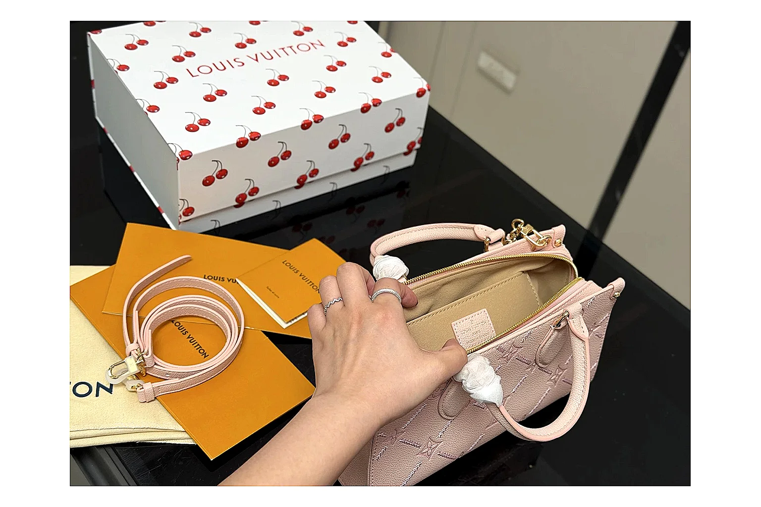 Louis Vuitton Mini Top Handle Pink QC reference photo showing pink leather mini bag body, structured top handle, compact luxury shape, and clean hardware details thumbnail 3